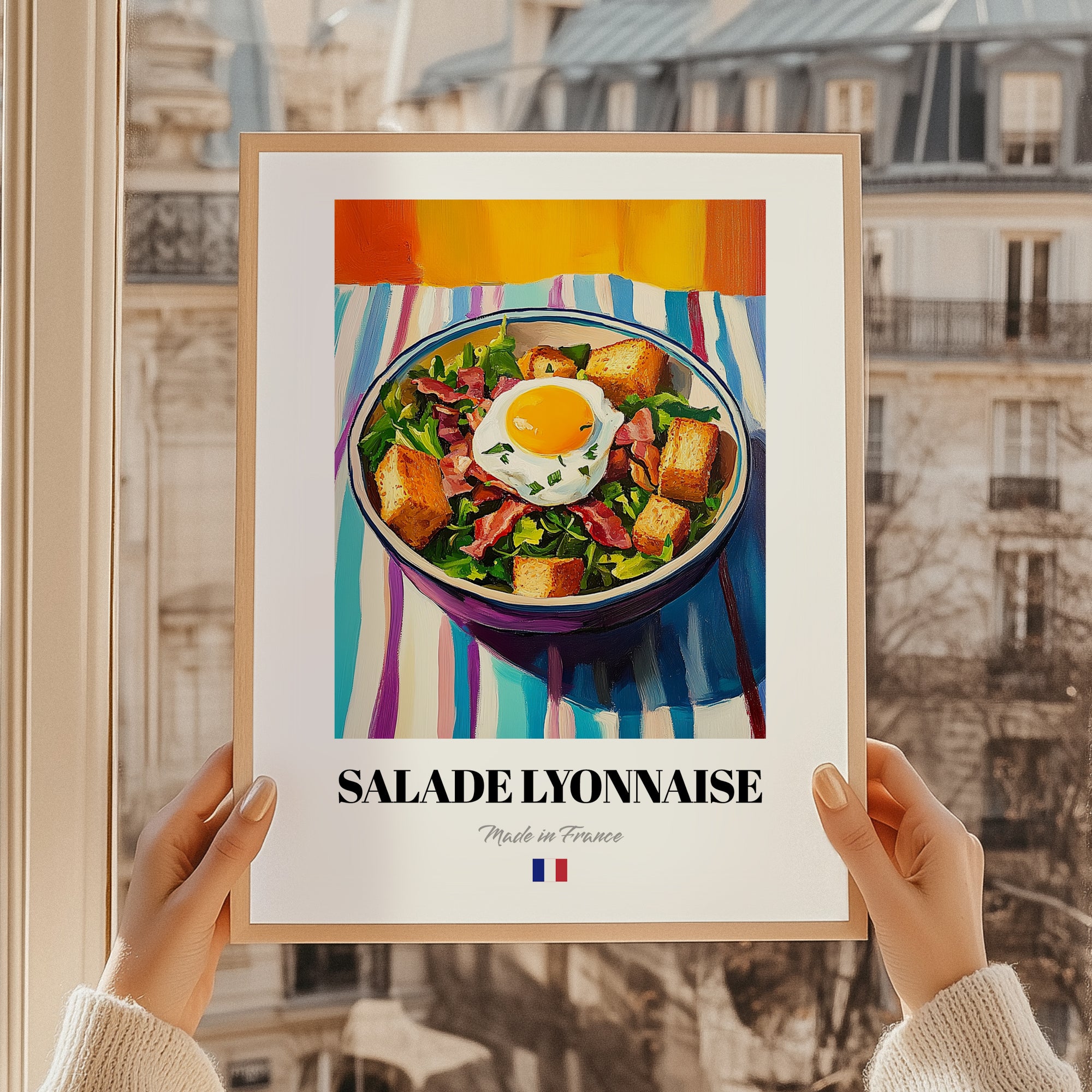 Salade Lyonnaise – Colorful Oil Painting, French Food Wall Illustration, styled in a charming Paris street view