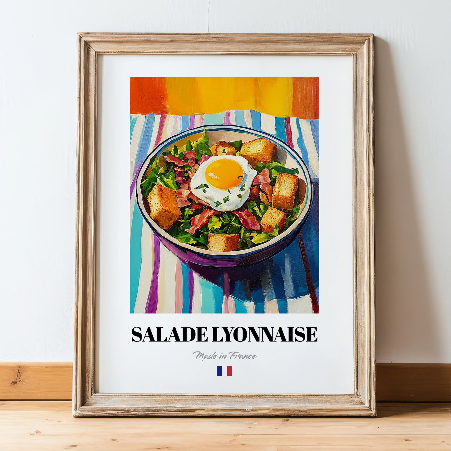 Salade Lyonnaise – Colorful Oil Painting, French Food Wall Illustration, in wooden frame leaning on the floor