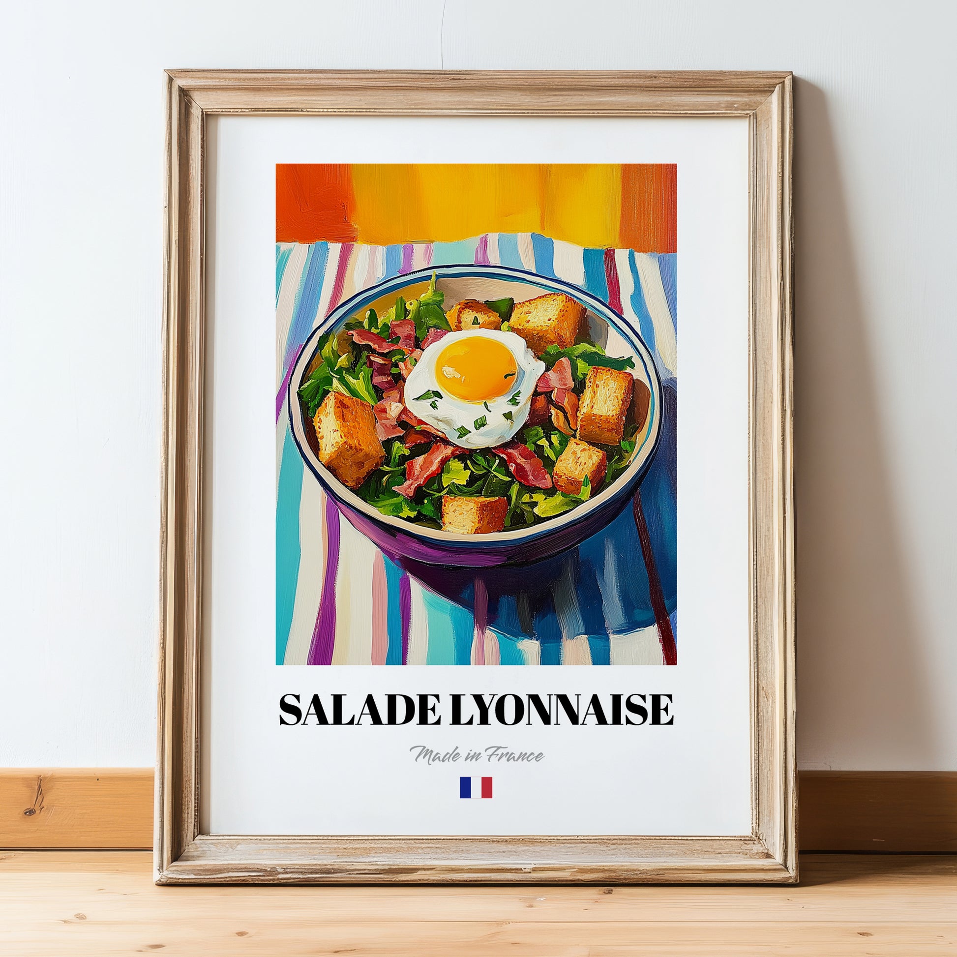 Salade Lyonnaise – Colorful Oil Painting, French Food Wall Illustration, in wooden frame leaning on the floor