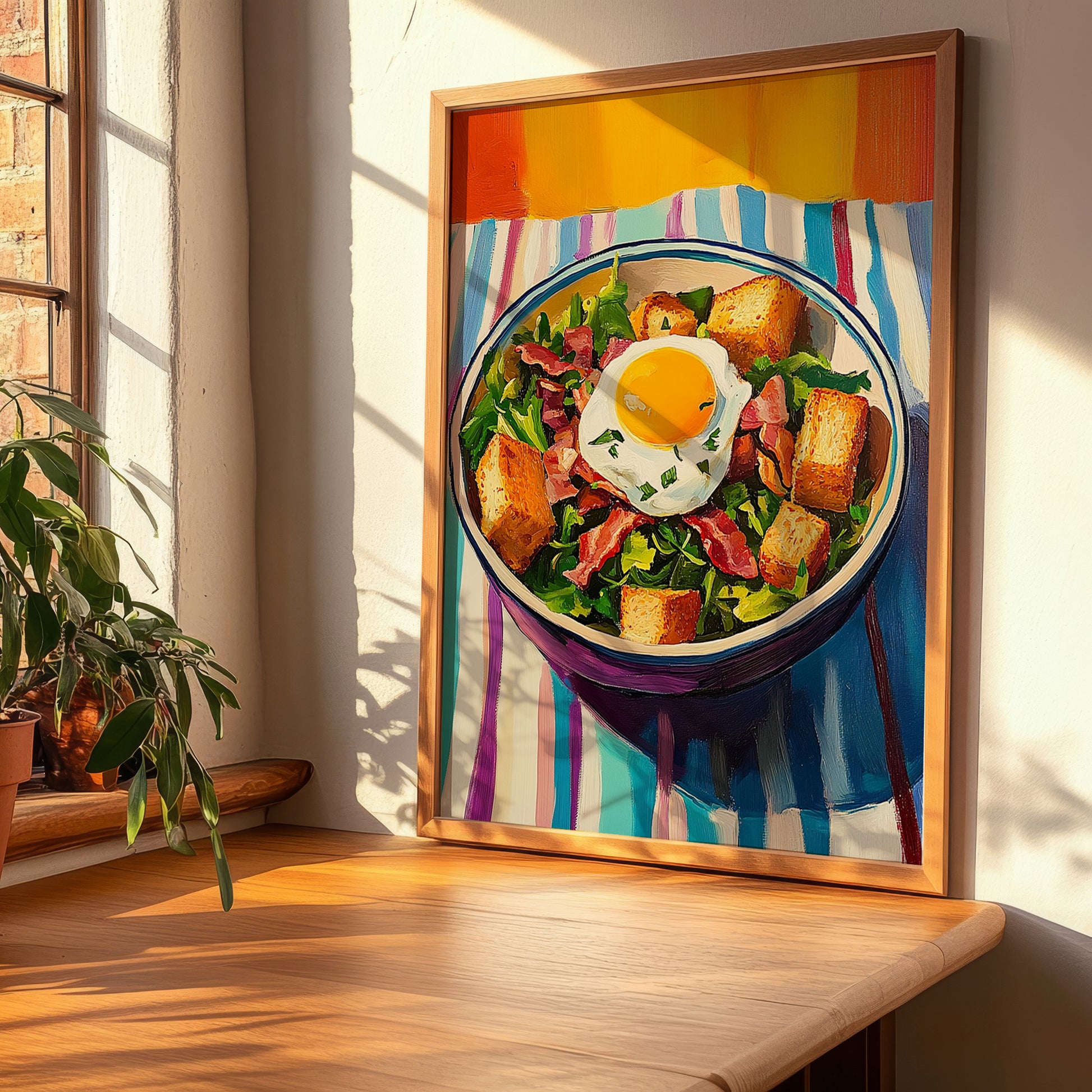 Salade Lyonnaise – Colorful Oil Painting, French Food Wall Illustration, clean layout with no caption