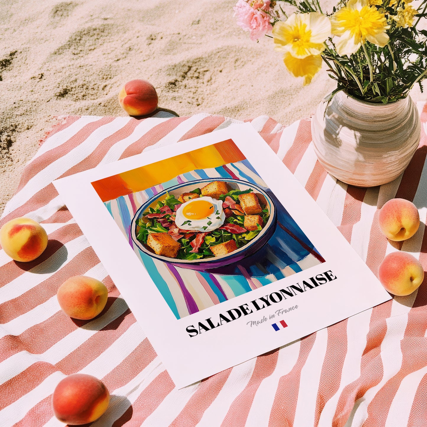 Salade Lyonnaise – Colorful Oil Painting, French Food Wall Illustration, unframed on coastal sand