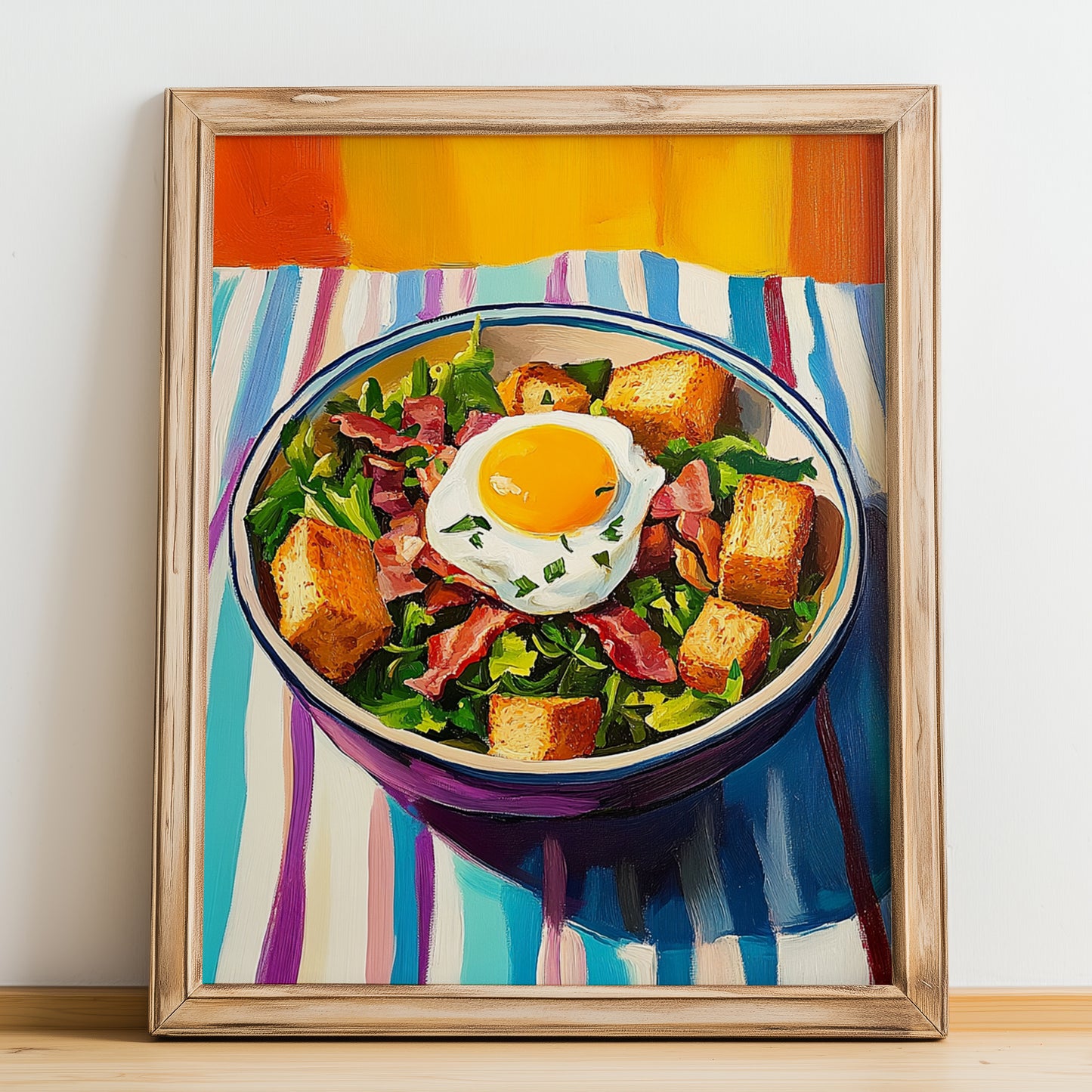 Salade Lyonnaise – Colorful Oil Painting, French Food Wall Illustration, no-text version framed in wood