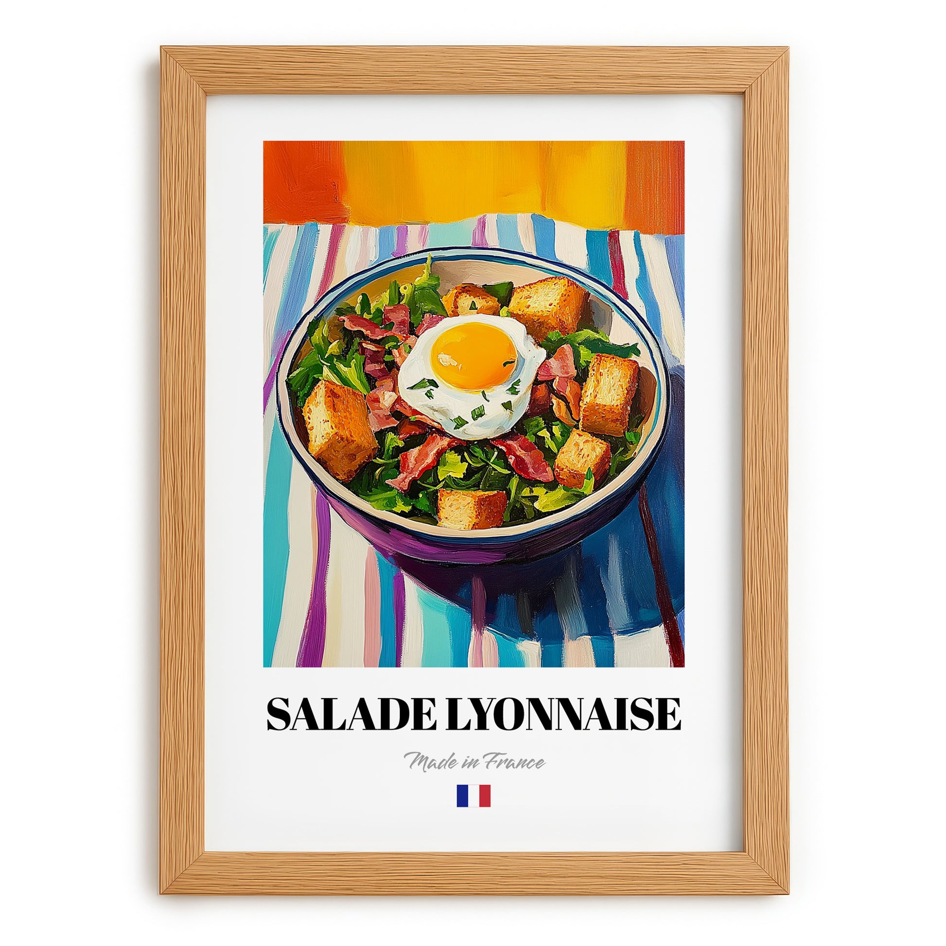 Salade Lyonnaise – Colorful Oil Painting, French Food Wall Illustration, set in oak frame