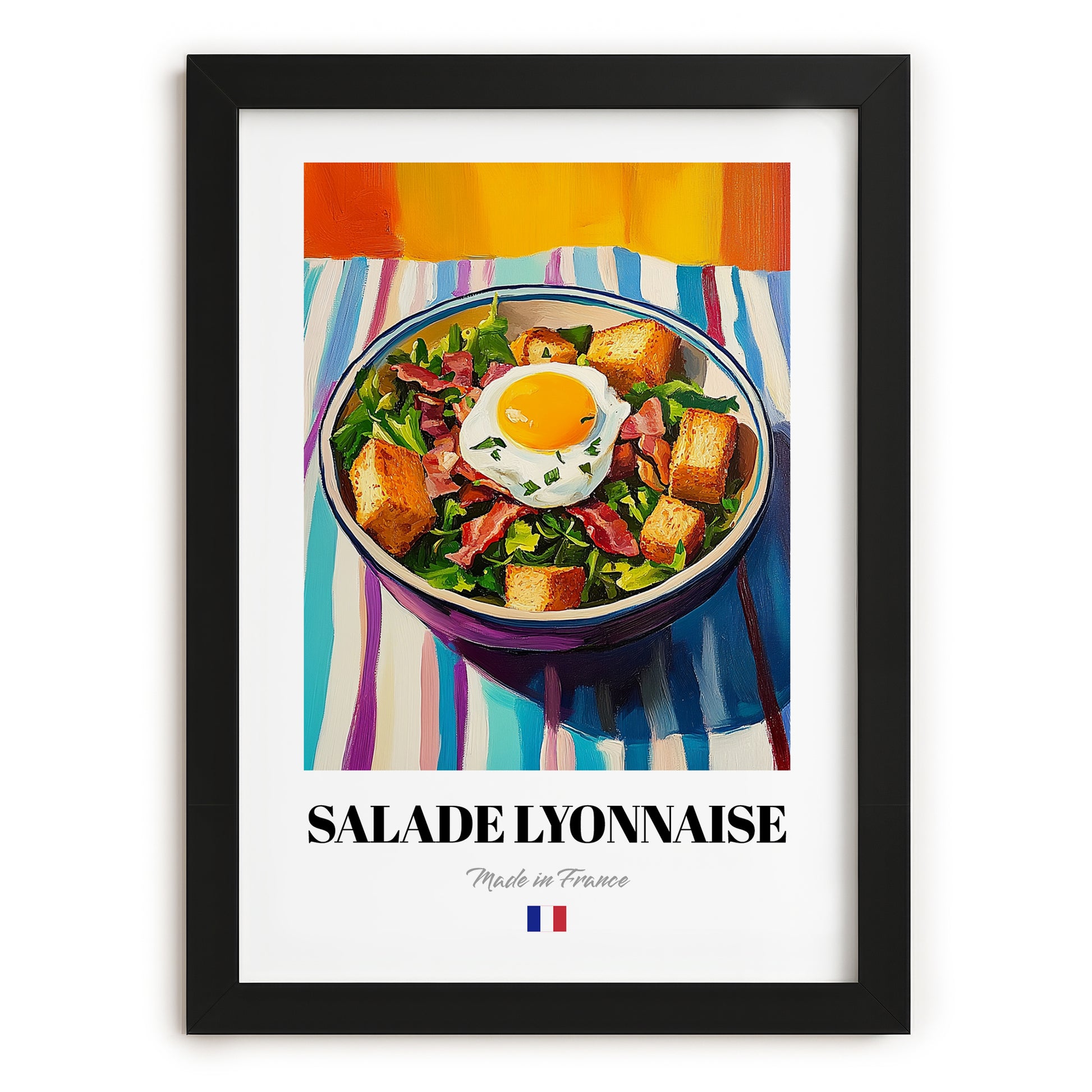 Salade Lyonnaise – Colorful Oil Painting, French Food Wall Illustration, in sleek black frame