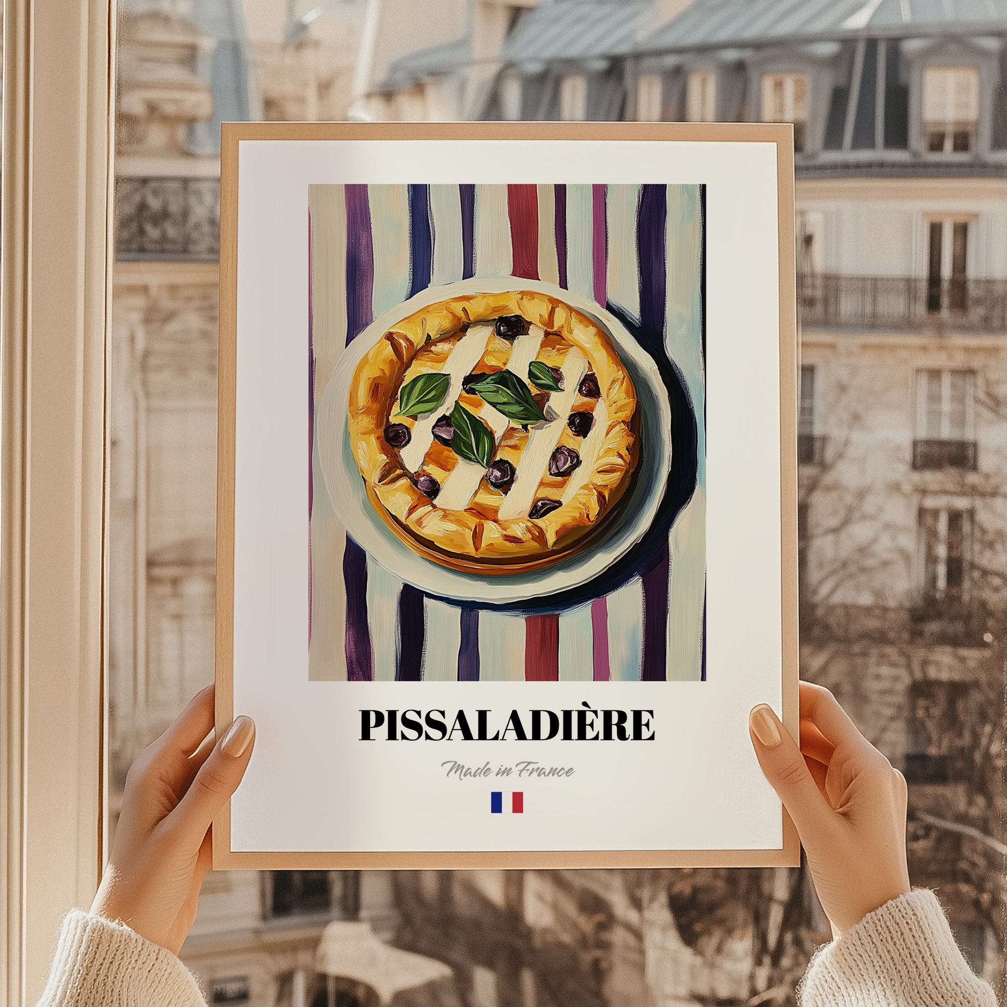 Pissaladière – on Striped Tablecloth, French Food Print, styled in a charming Paris street view