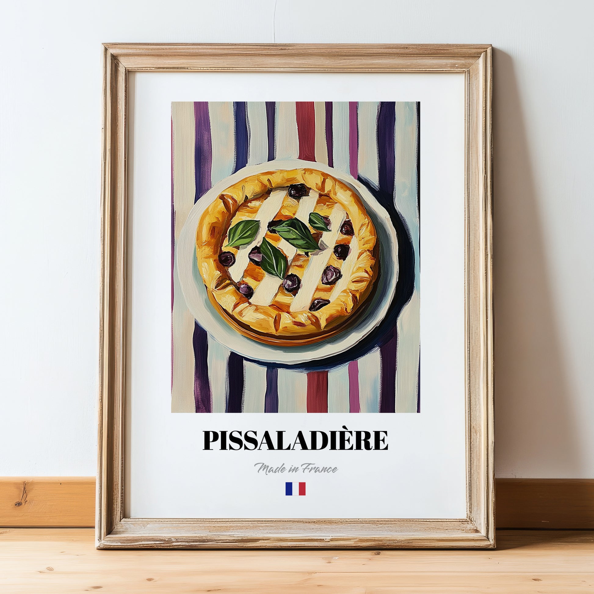 Pissaladière – on Striped Tablecloth, French Food Print, in wooden frame leaning on the floor