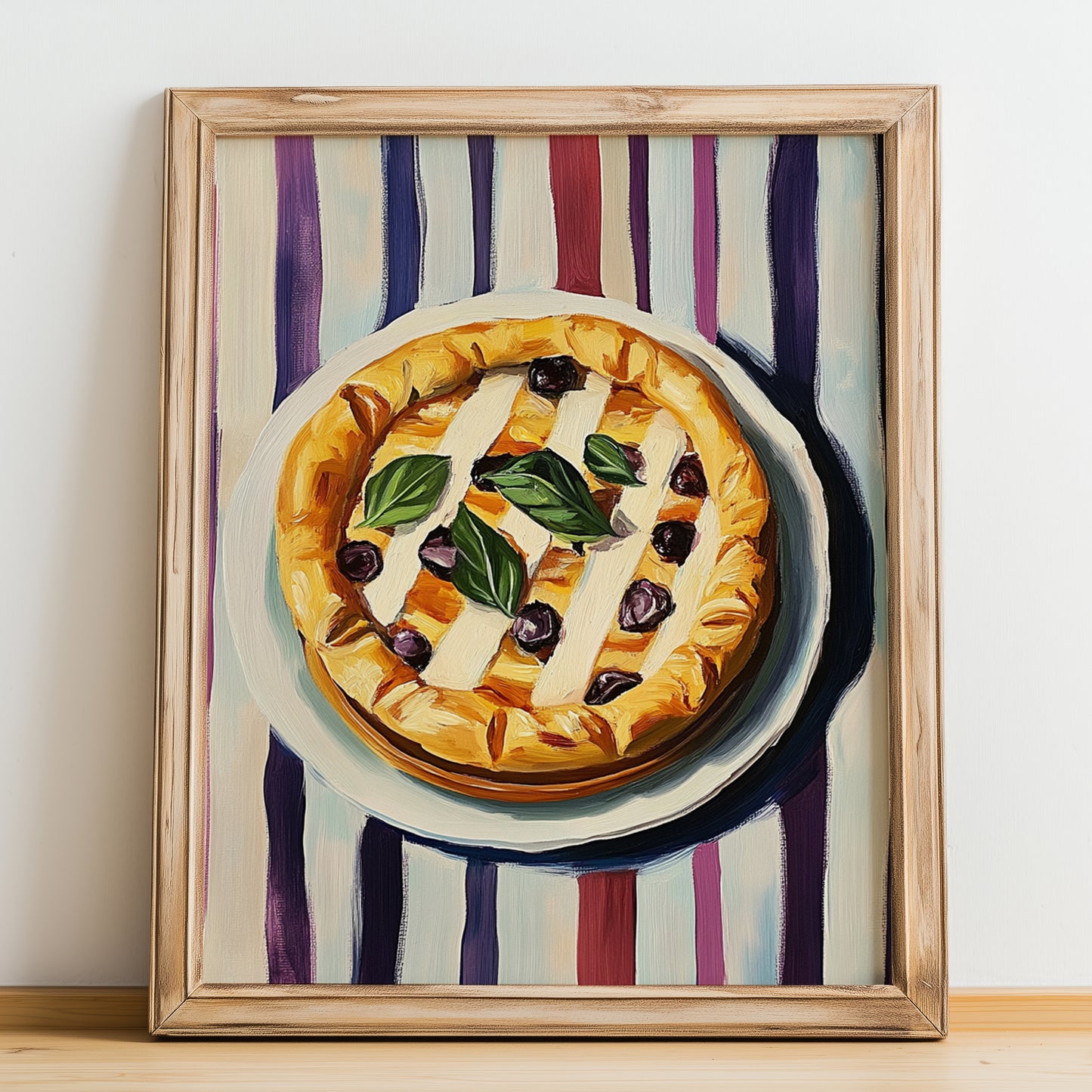 Pissaladière – on Striped Tablecloth, French Food Print, no-text version framed in wood