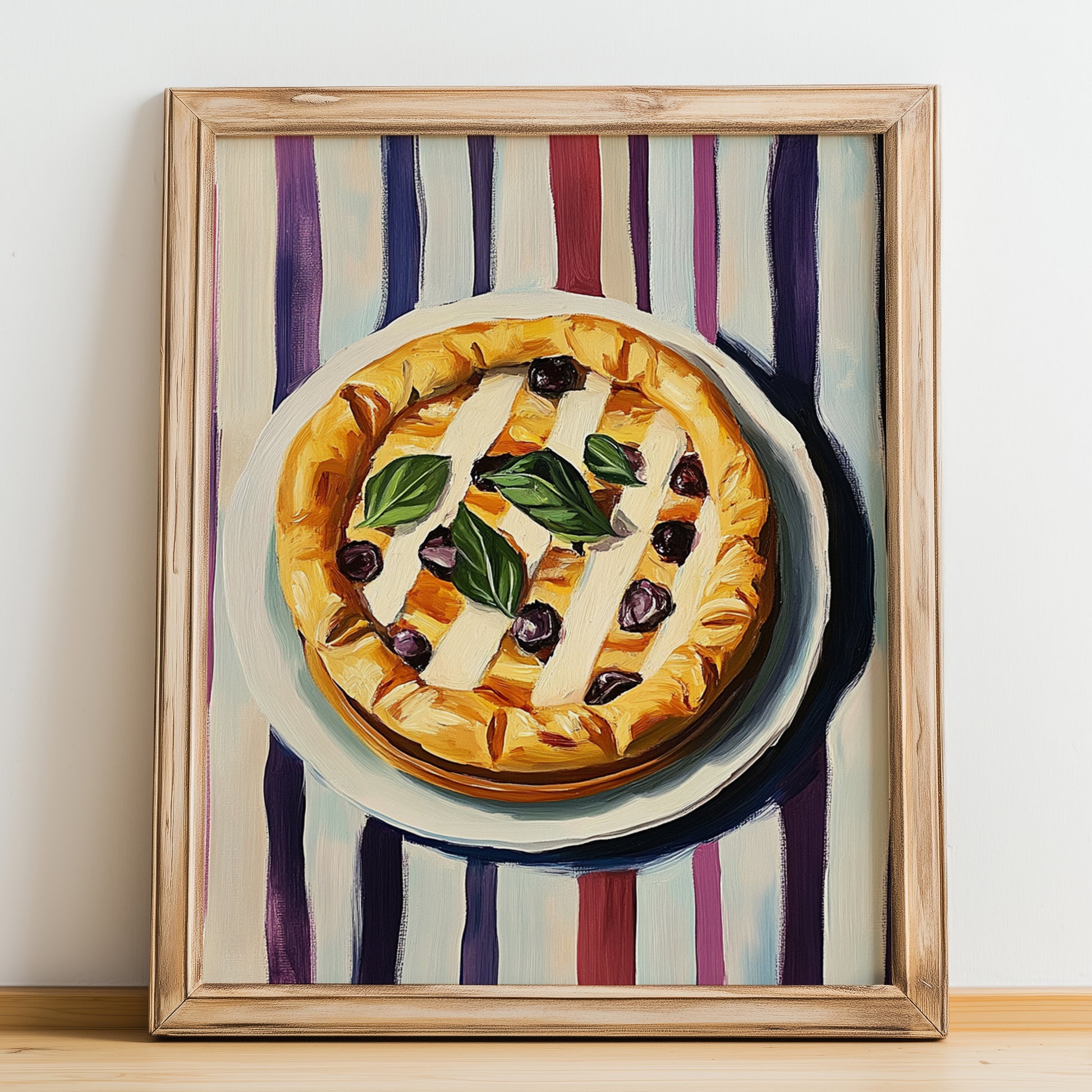 Pissaladière – on Striped Tablecloth, French Food Print, no-text version framed in wood