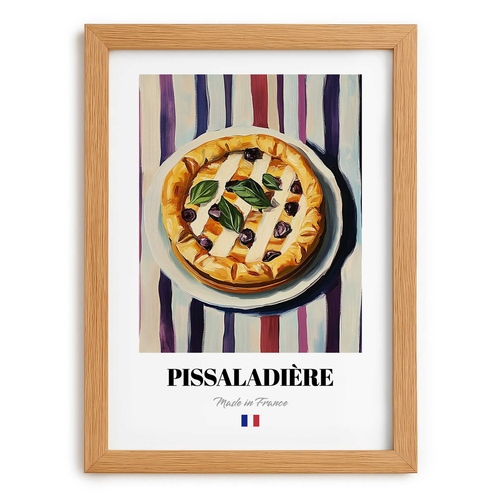 Pissaladière – on Striped Tablecloth, French Food Print, set in oak frame