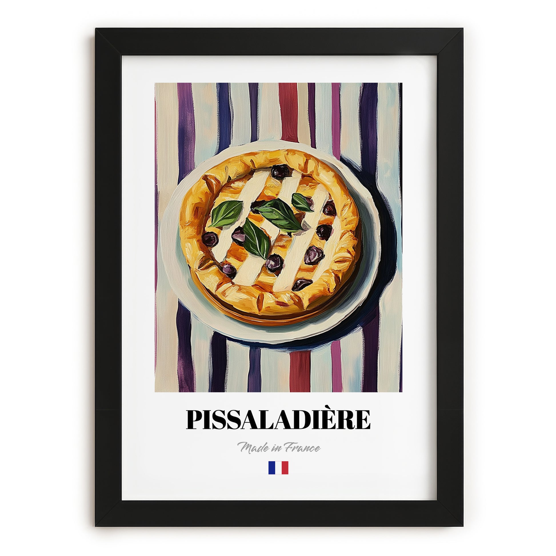 Pissaladière – on Striped Tablecloth, French Food Print, in sleek black frame