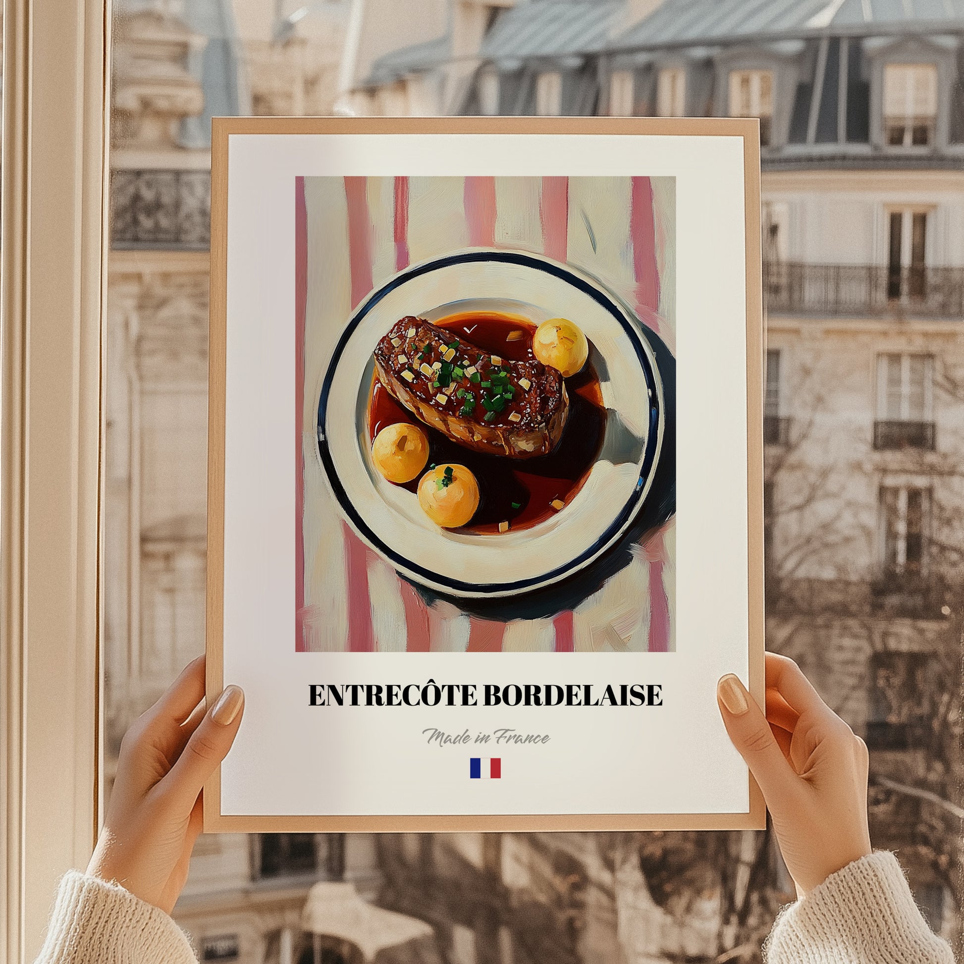 Entrecôte Bordelaise – Art, French Food Wall Decor, styled in a charming Paris street view
