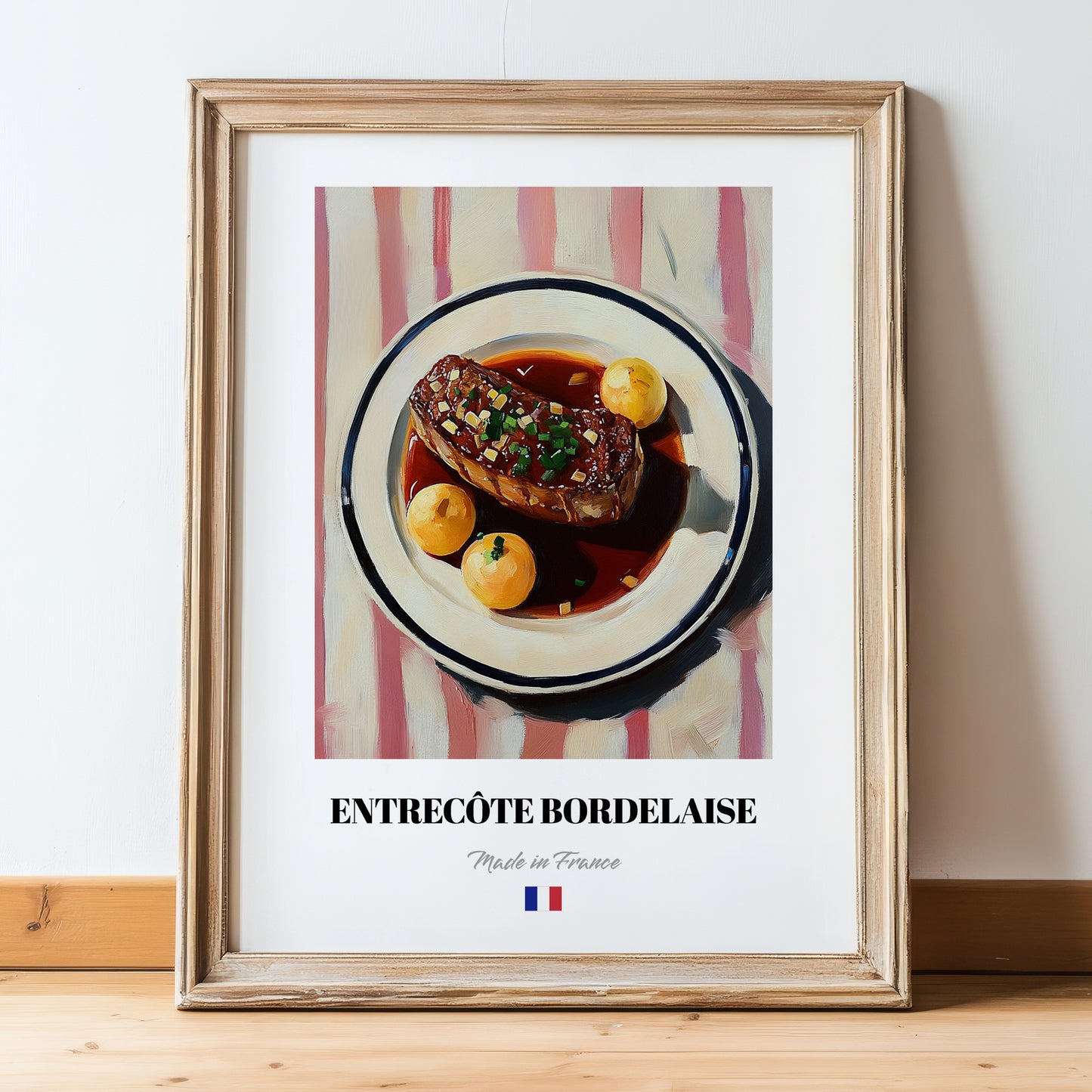 Entrecôte Bordelaise – Art, French Food Wall Decor, in wooden frame leaning on the floor