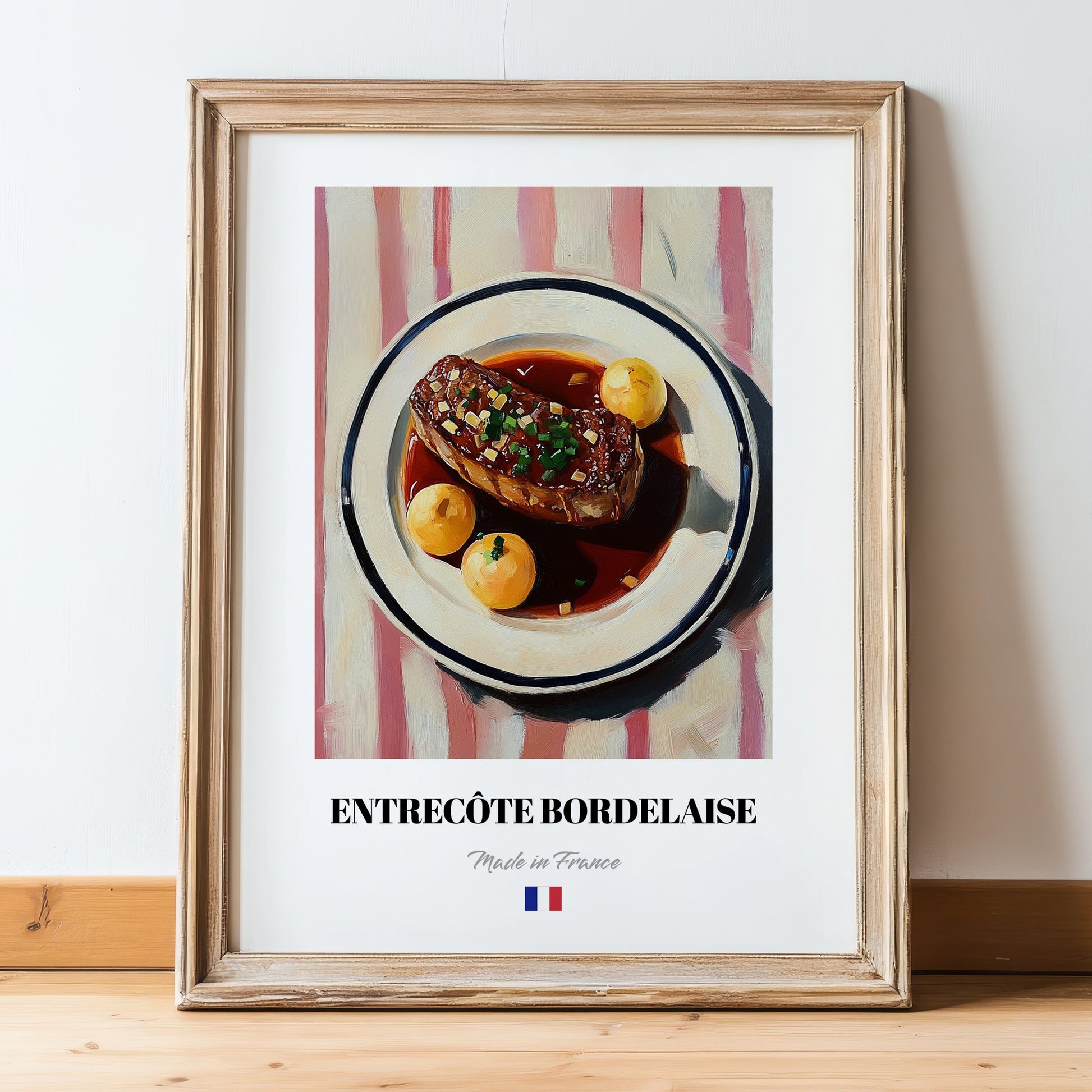 Entrecôte Bordelaise – Art, French Food Wall Decor, in wooden frame leaning on the floor