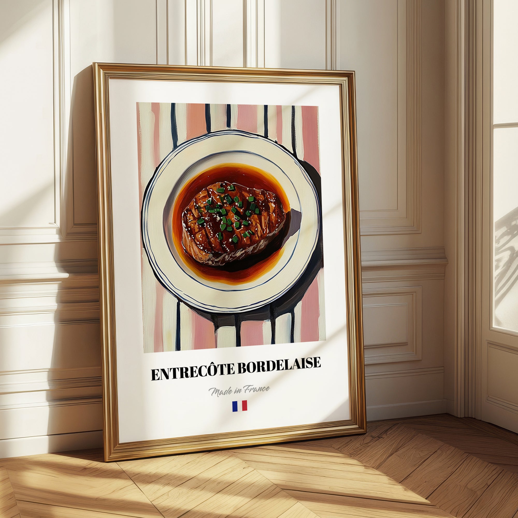 Entrecôte Bordelaise – on Striped Tablecloth, French Food Illustration