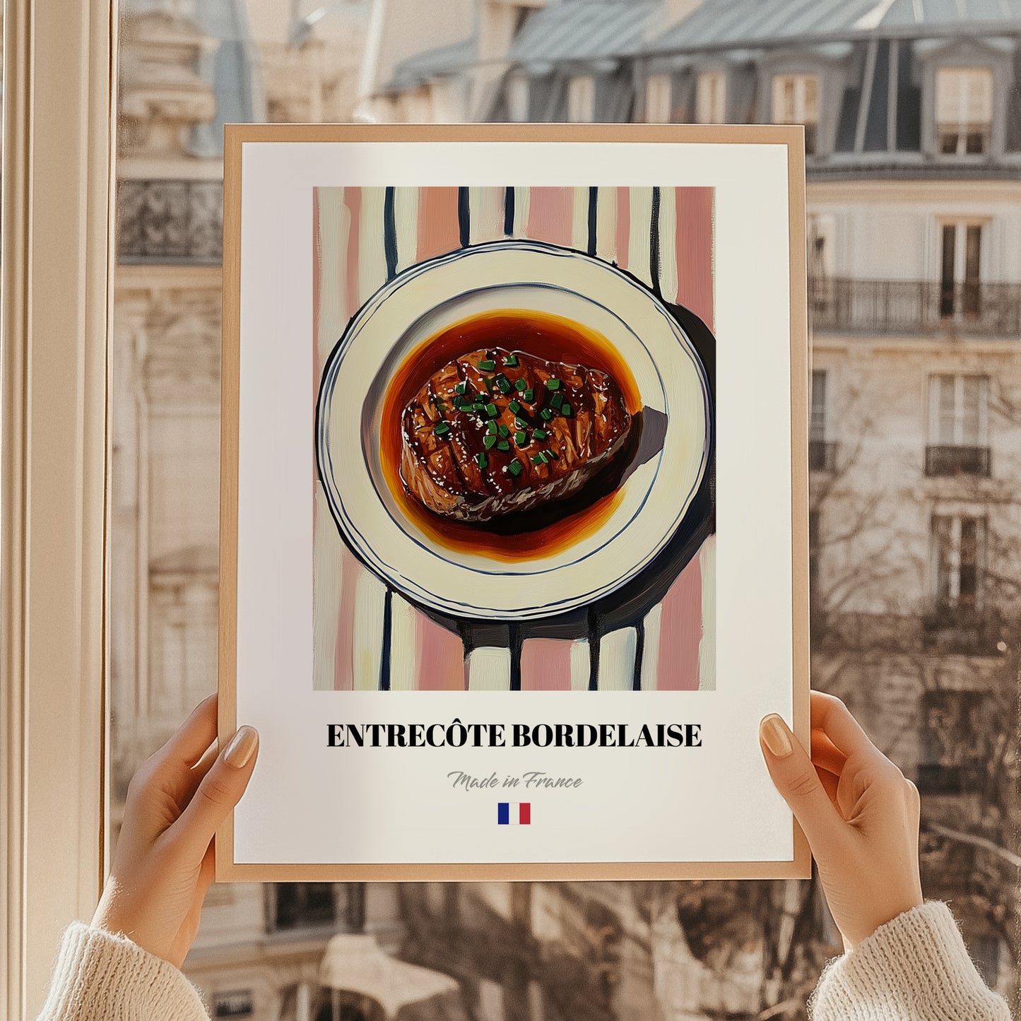 Entrecôte Bordelaise – on Striped Tablecloth, French Food Illustration, styled in a charming Paris street view