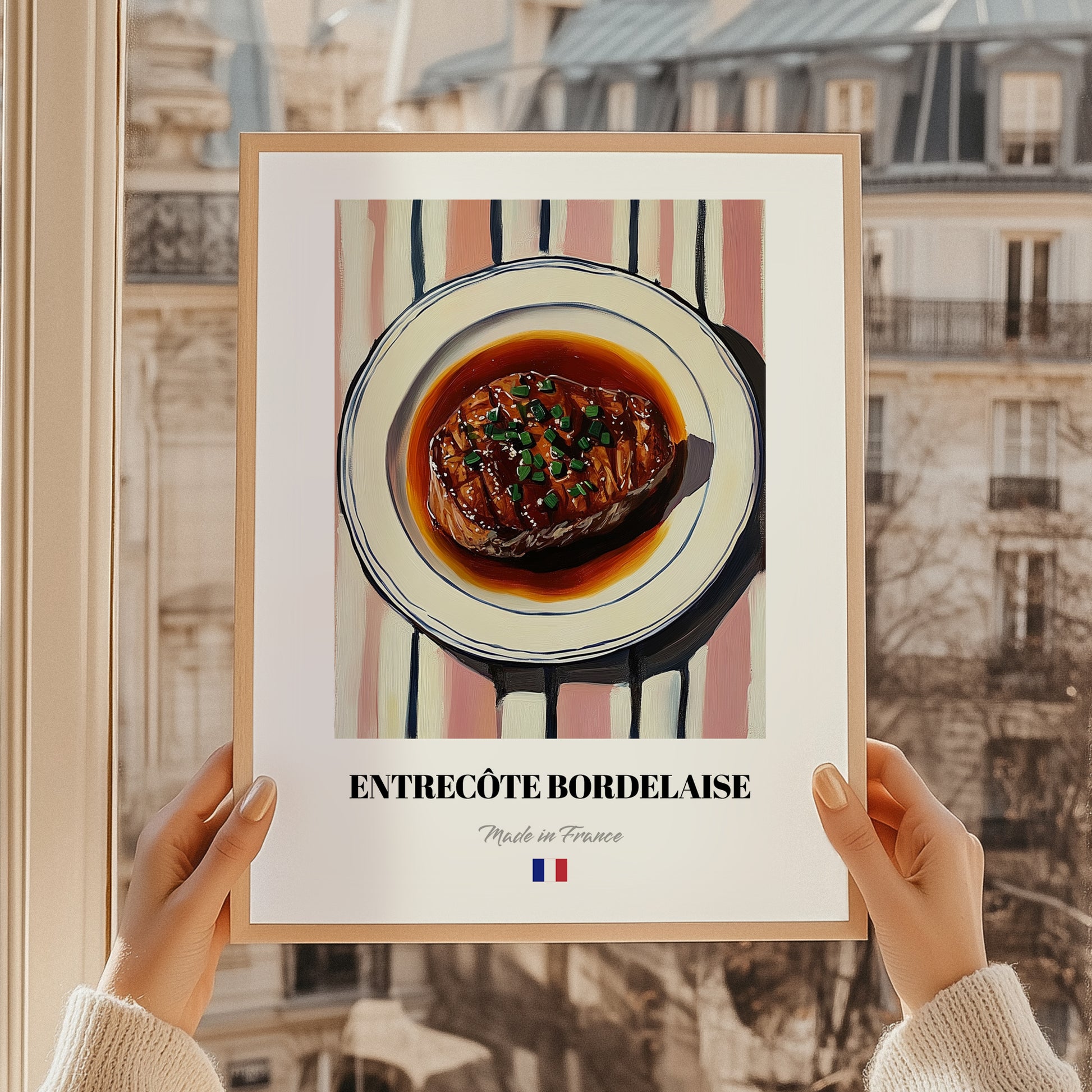 Entrecôte Bordelaise – on Striped Tablecloth, French Food Illustration, styled in a charming Paris street view
