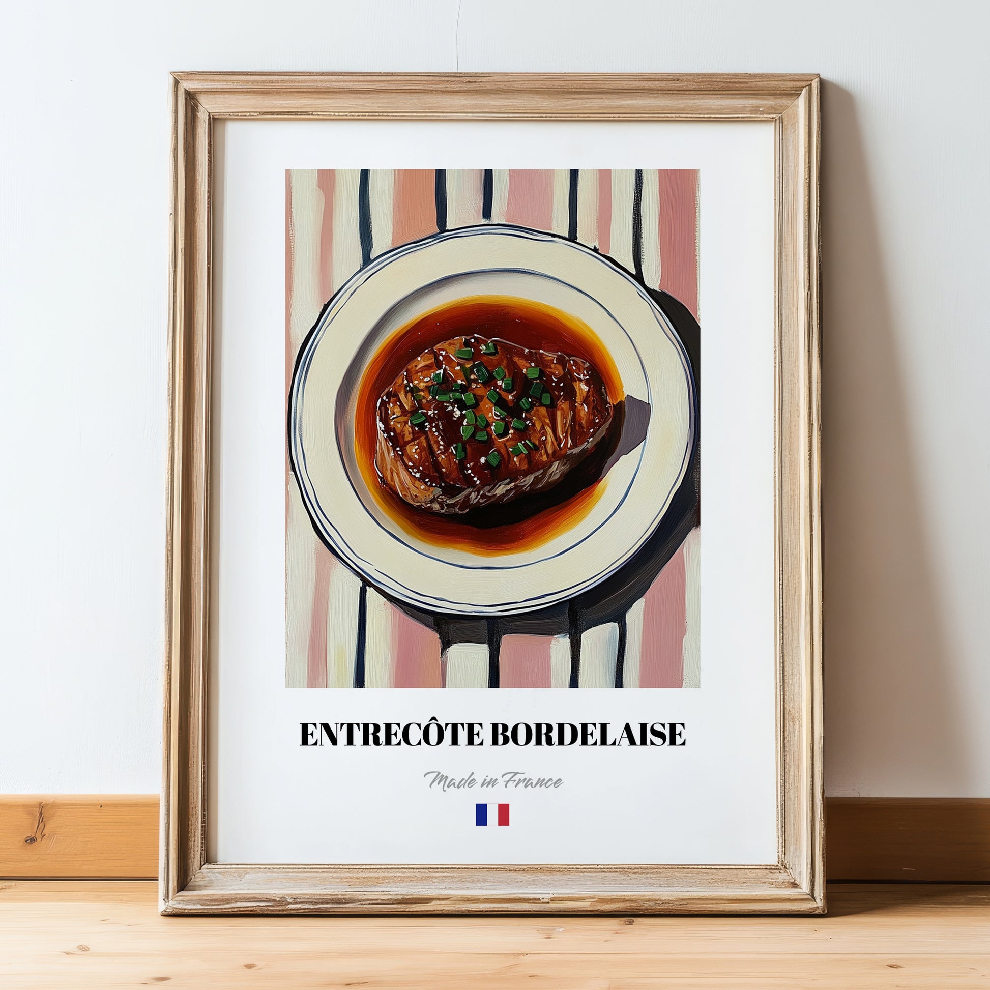 Entrecôte Bordelaise – on Striped Tablecloth, French Food Illustration, in wooden frame leaning on the floor