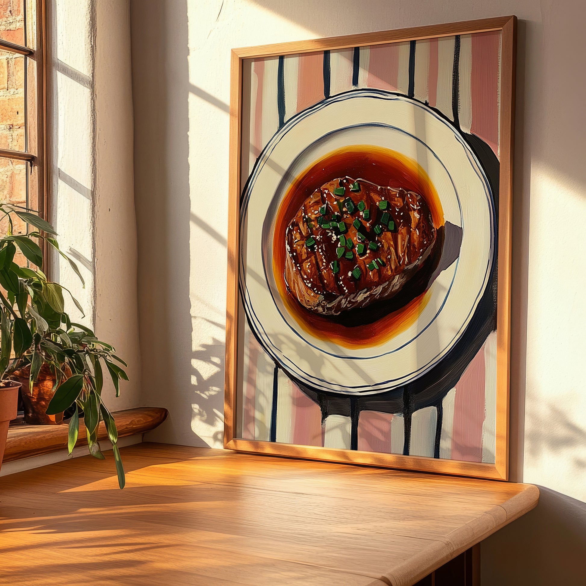 Entrecôte Bordelaise – on Striped Tablecloth, French Food Illustration, clean layout with no caption