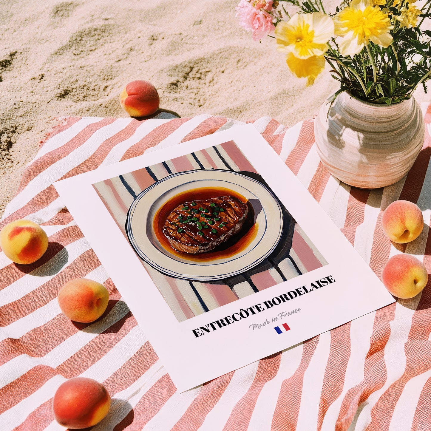 Entrecôte Bordelaise – on Striped Tablecloth, French Food Illustration, unframed on coastal sand