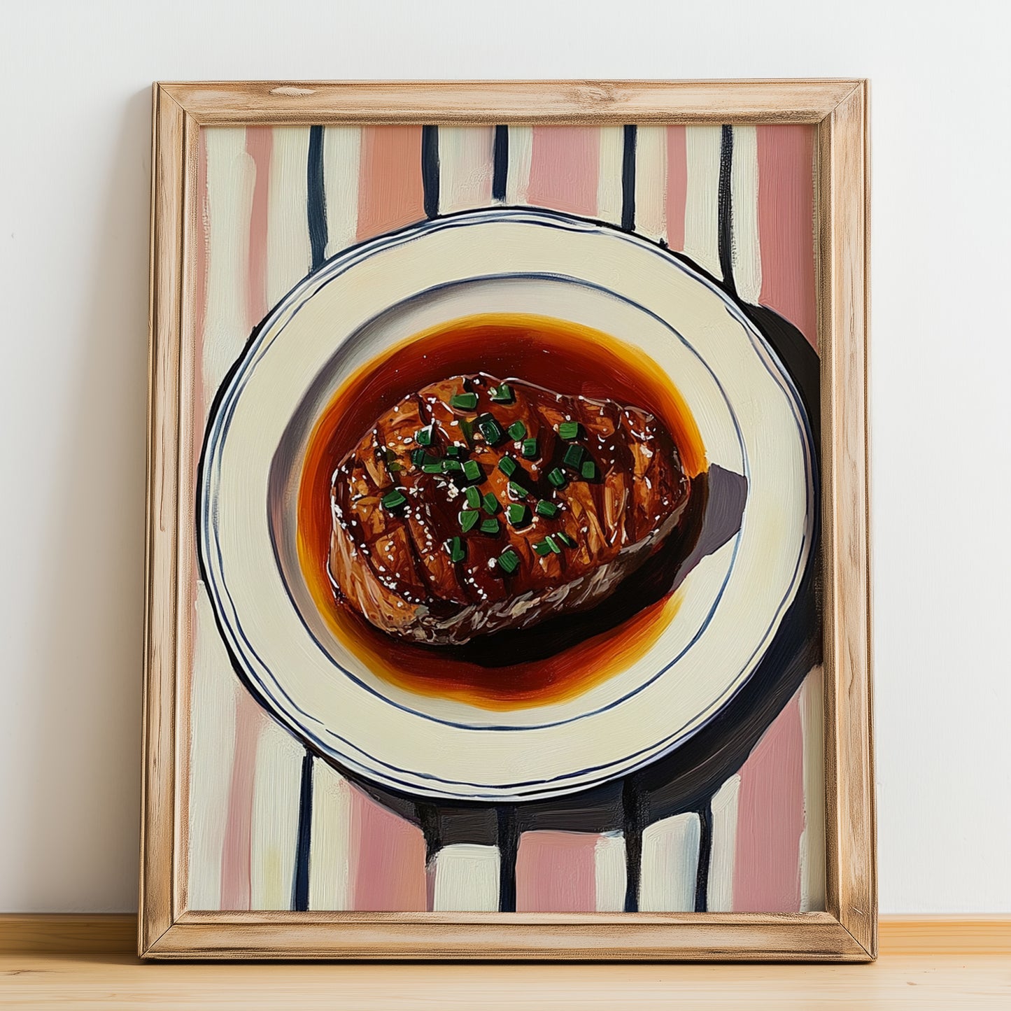Entrecôte Bordelaise – on Striped Tablecloth, French Food Illustration, no-text version framed in wood