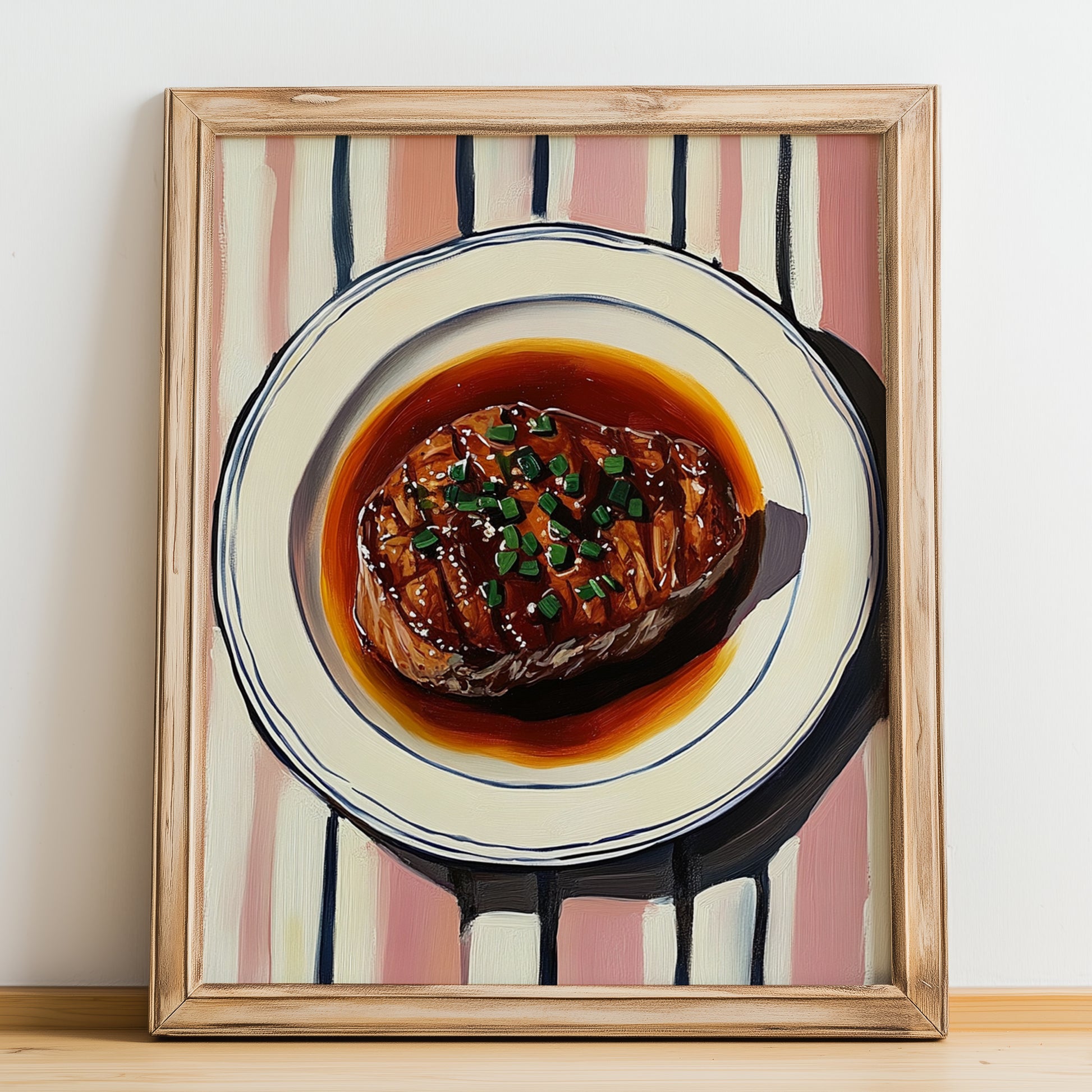Entrecôte Bordelaise – on Striped Tablecloth, French Food Illustration, no-text version framed in wood
