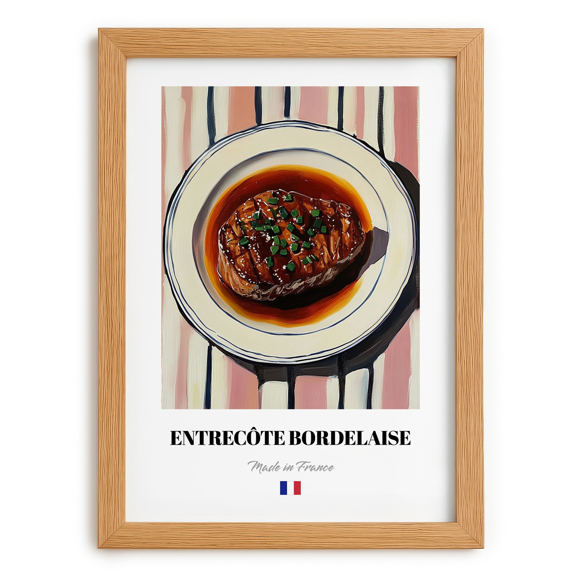 Entrecôte Bordelaise – on Striped Tablecloth, French Food Illustration, set in oak frame