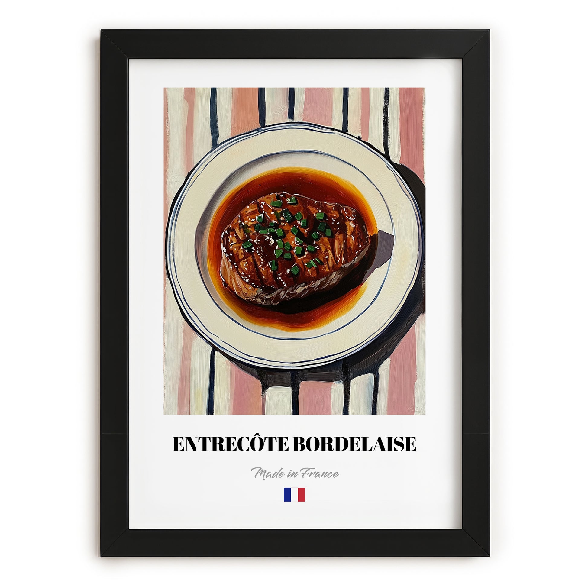 Entrecôte Bordelaise – on Striped Tablecloth, French Food Illustration, in sleek black frame