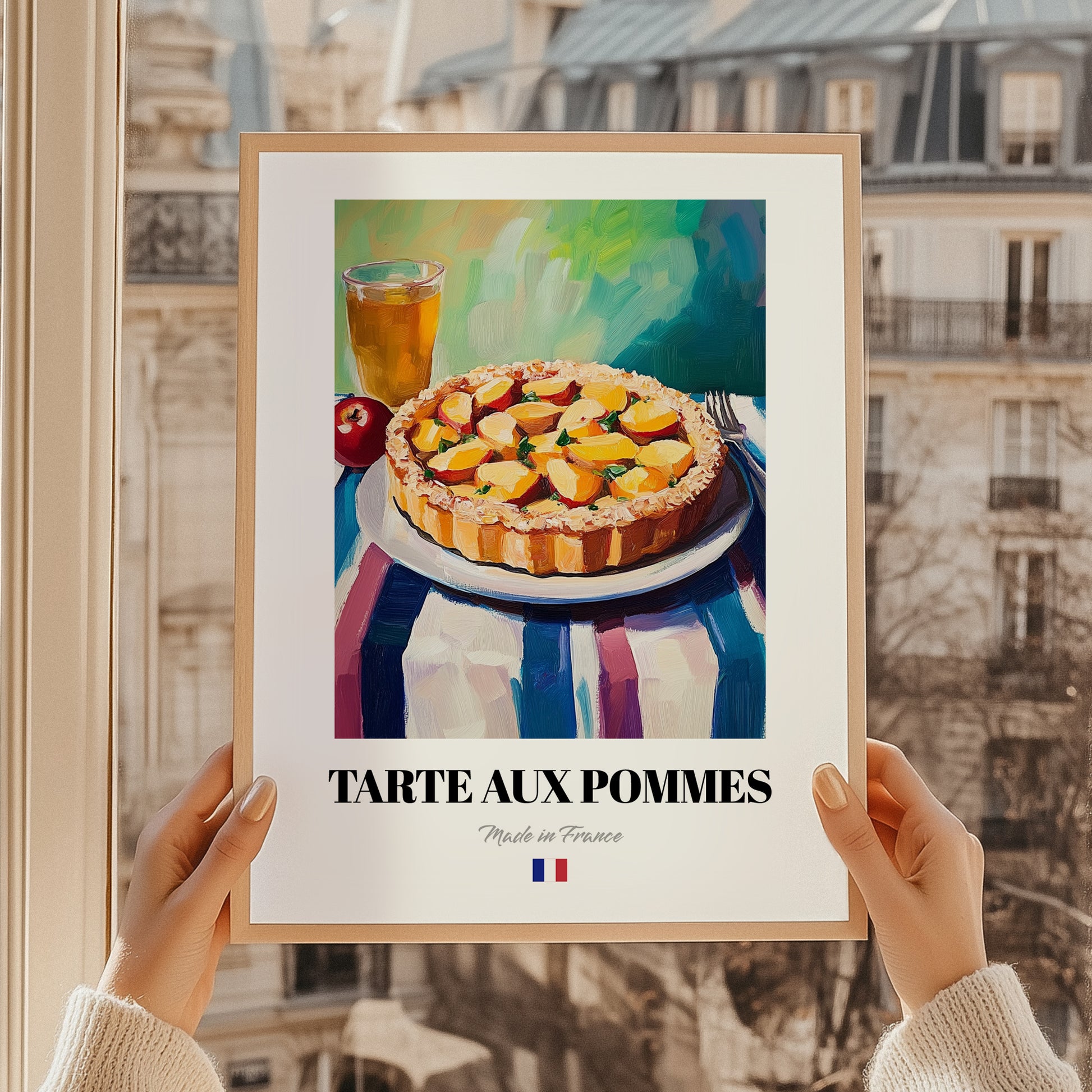 Tarte aux Pommes – Colorful Oil Painting, French French Dessert Illustration, styled in a charming Paris street view