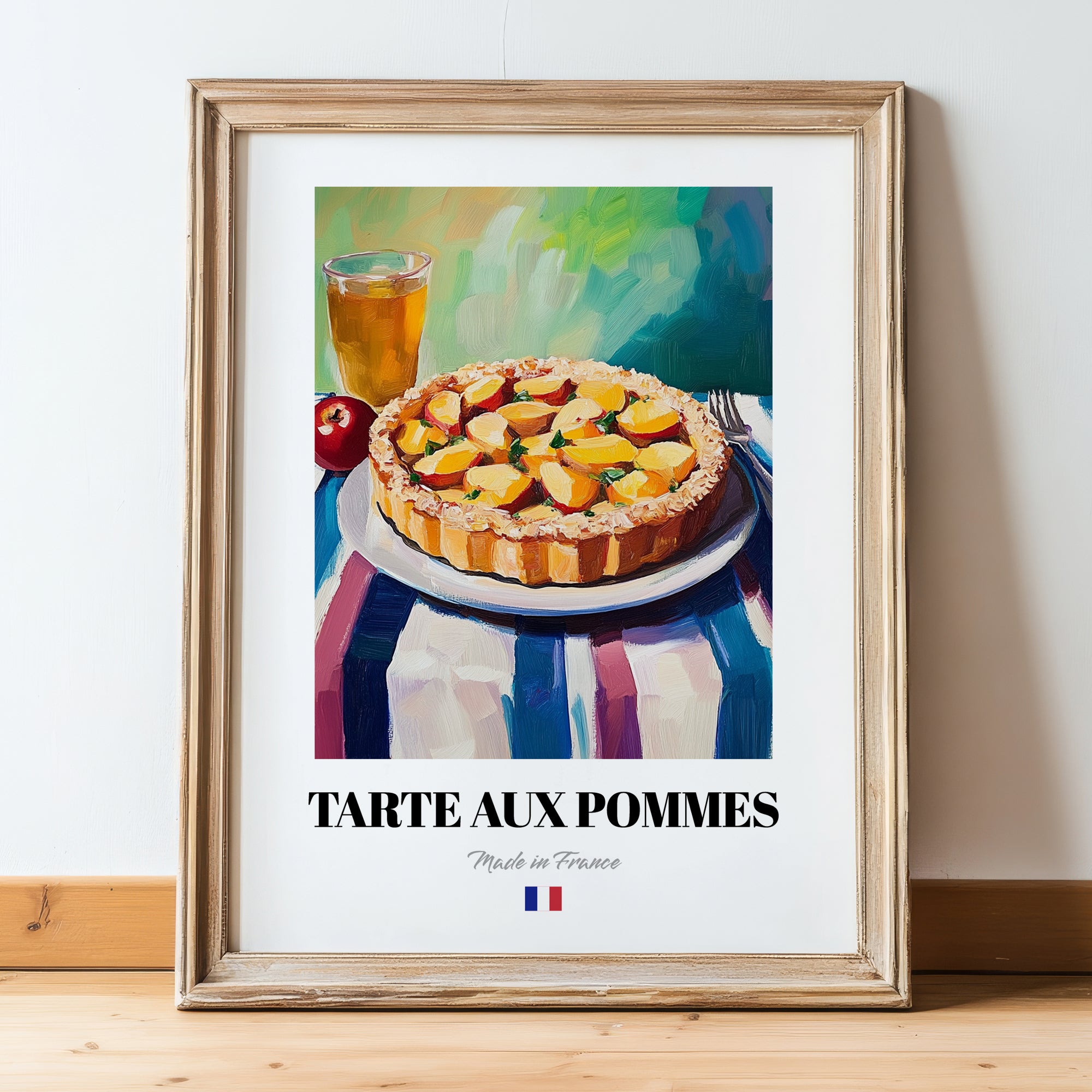 Tarte aux Pommes – Colorful Oil Painting, French French Dessert Illustration, in wooden frame leaning on the floor