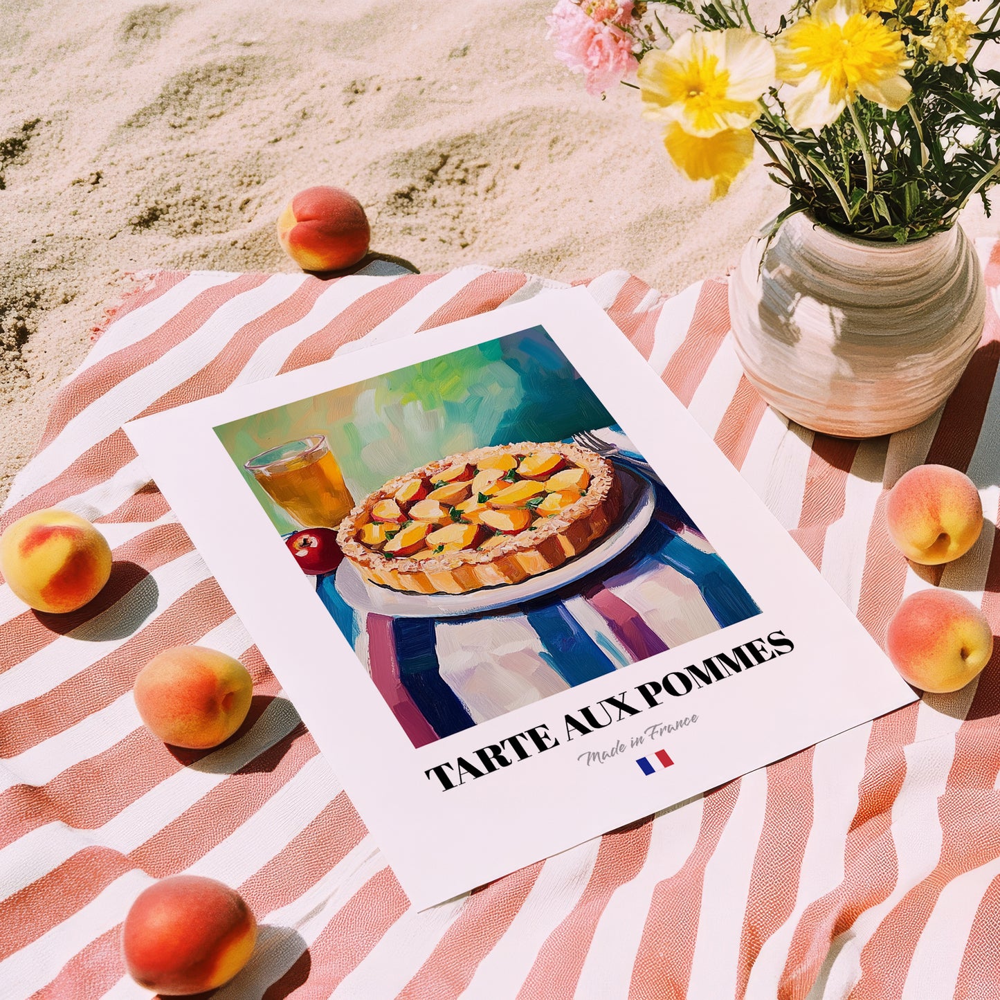 Tarte aux Pommes – Colorful Oil Painting, French French Dessert Illustration, unframed on coastal sand