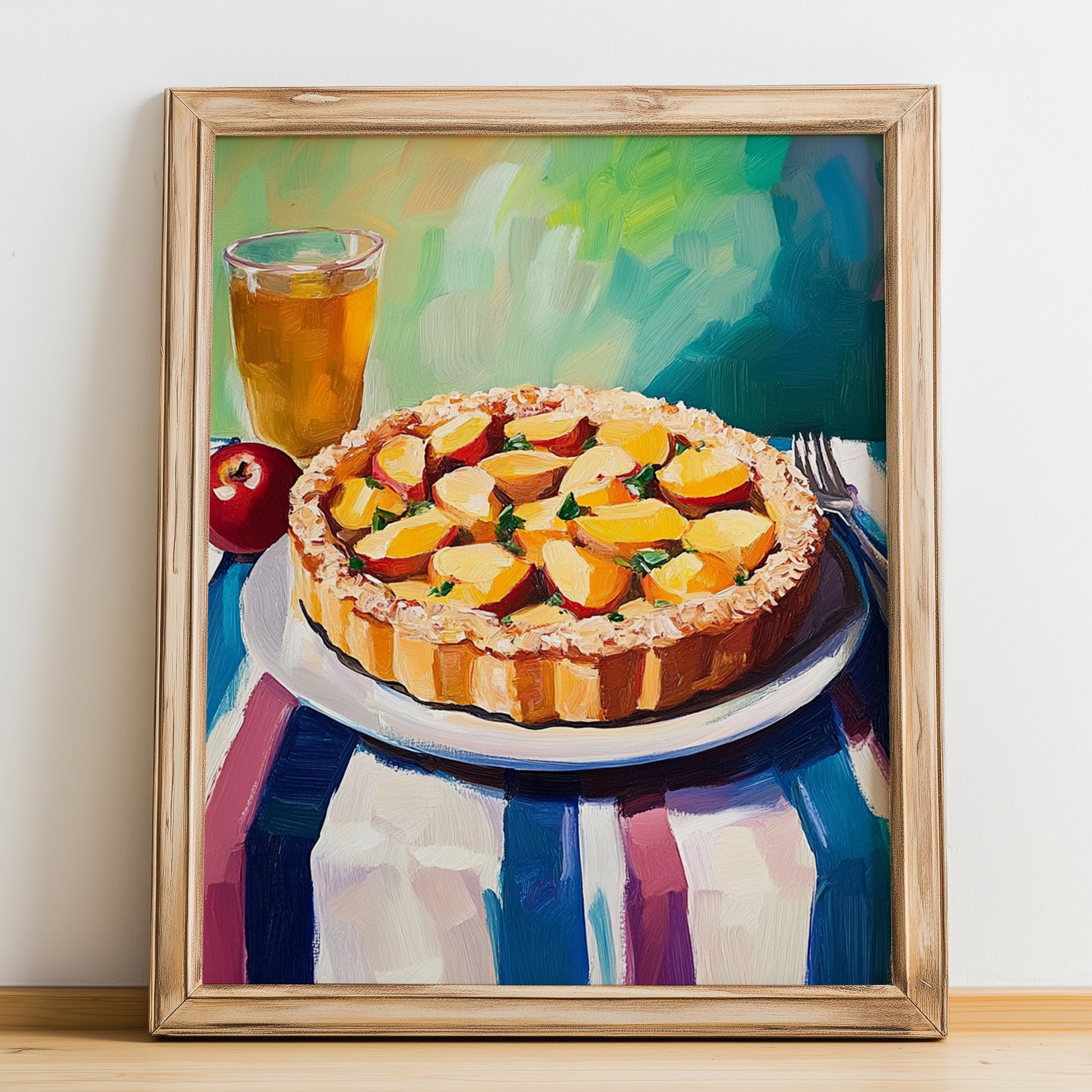 Tarte aux Pommes – Colorful Oil Painting, French French Dessert Illustration, no-text version framed in wood