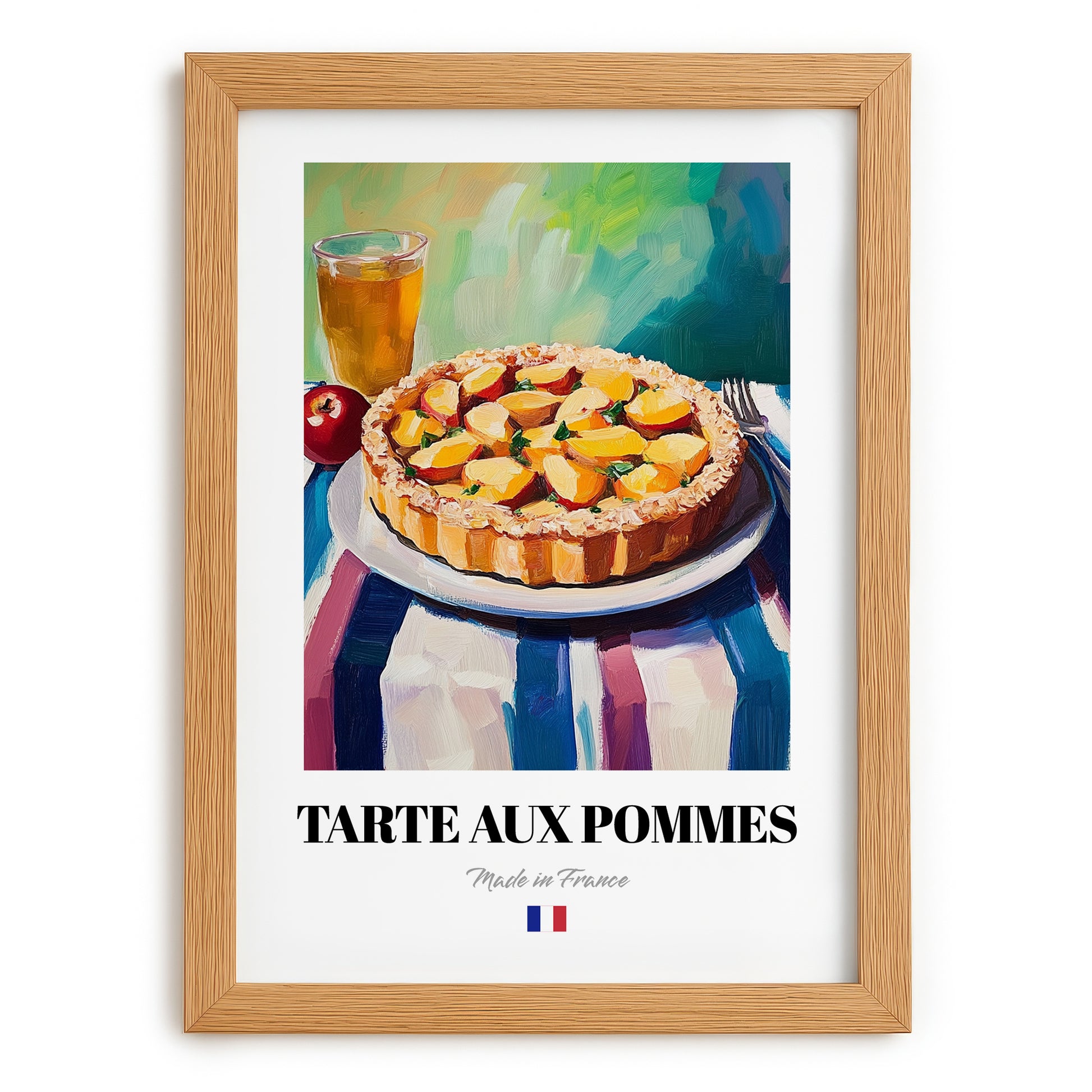 Tarte aux Pommes – Colorful Oil Painting, French French Dessert Illustration, set in oak frame
