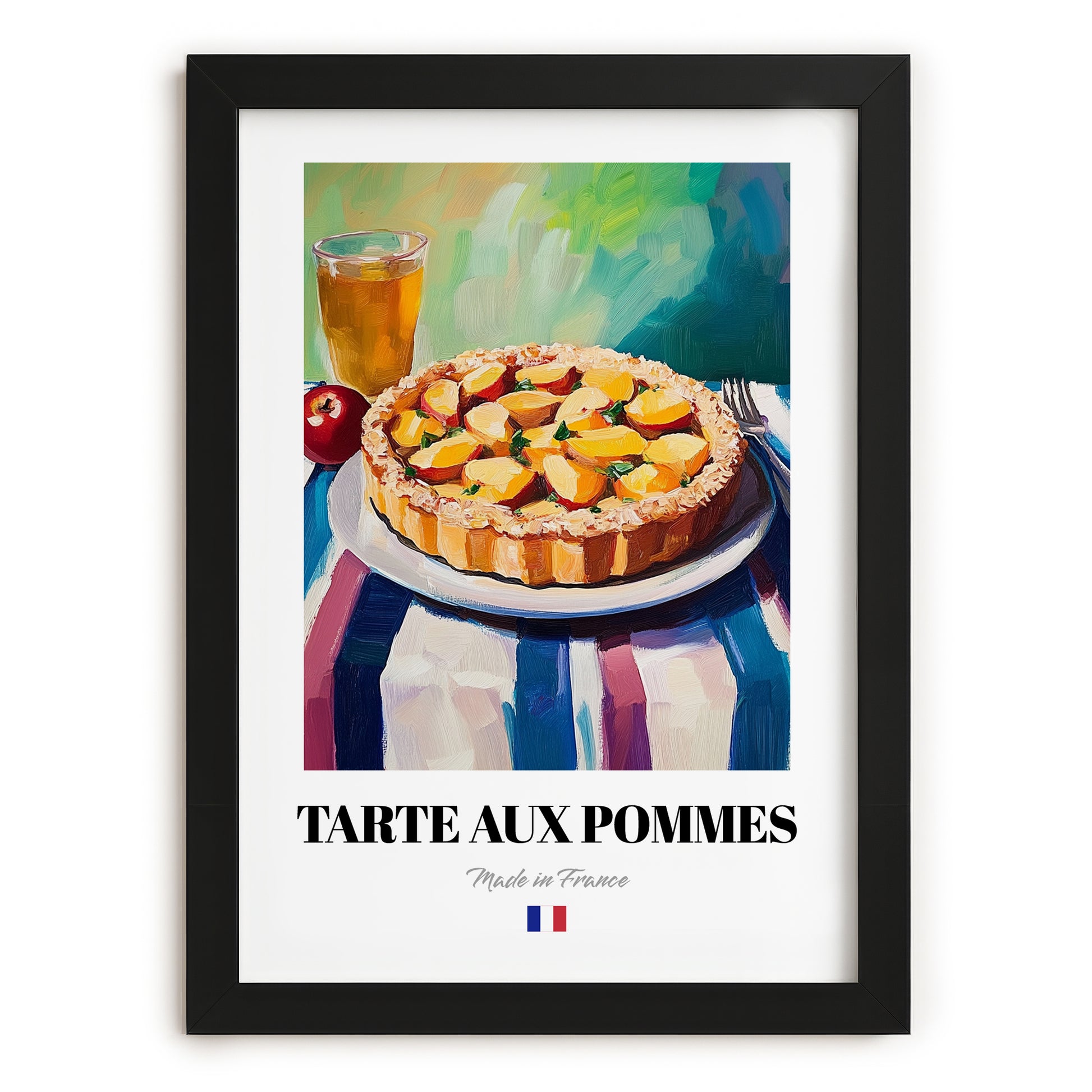 Tarte aux Pommes – Colorful Oil Painting, French French Dessert Illustration, in sleek black frame