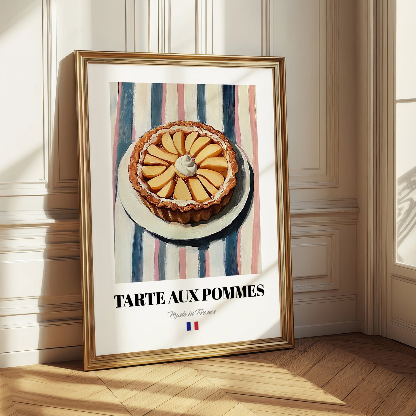 Tarte aux Pommes – on Striped Tablecloth, French French Dessert Wall Decor 