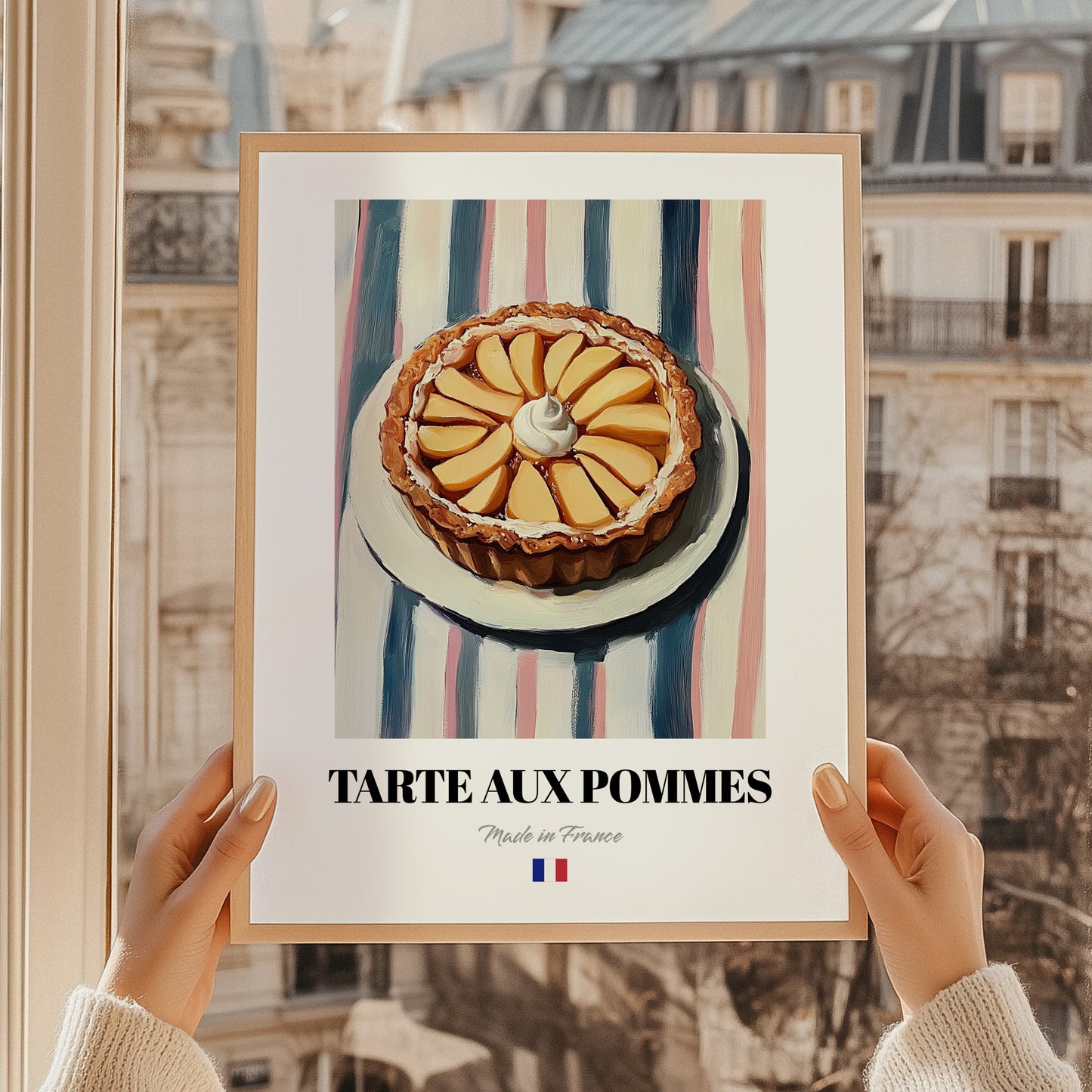 Tarte aux Pommes – on Striped Tablecloth, French French Dessert Wall Decor, styled in a charming Paris street view