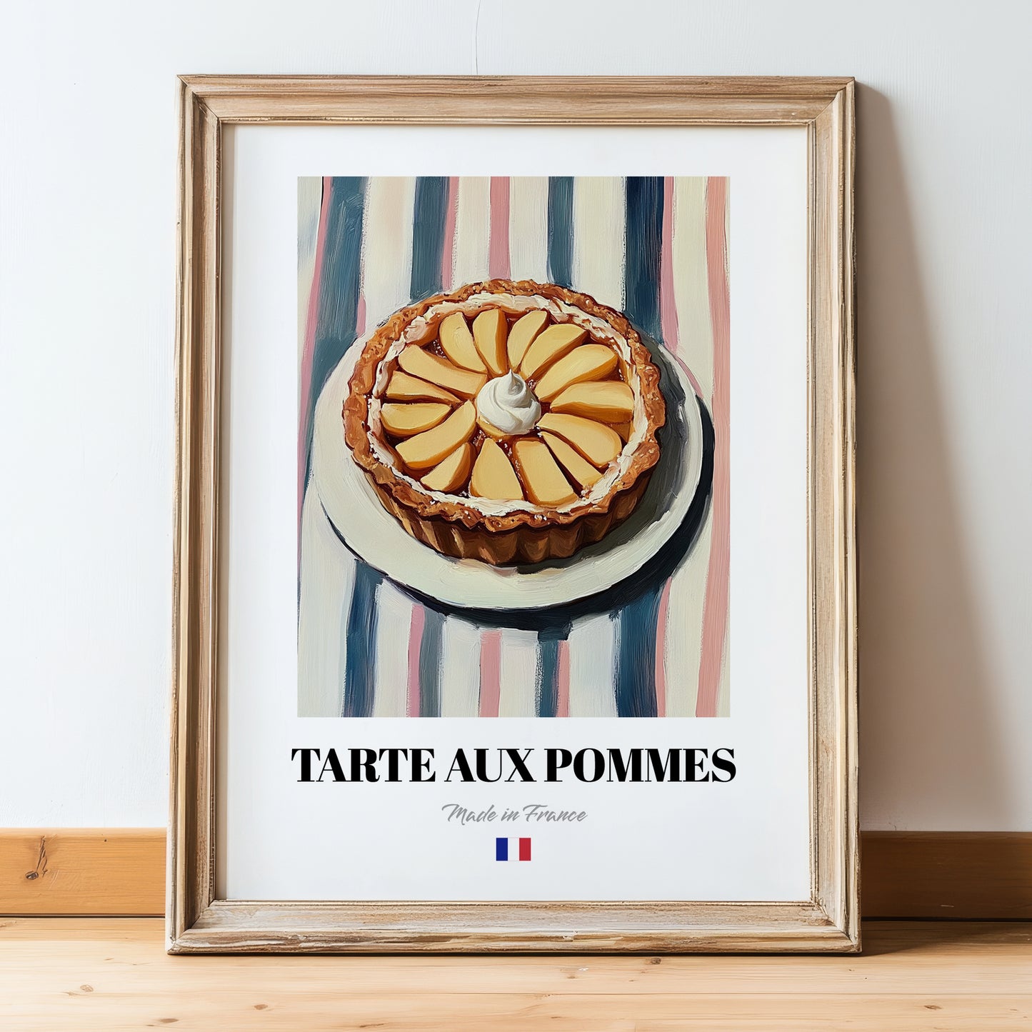 Tarte aux Pommes – on Striped Tablecloth, French French Dessert Wall Decor, in wooden frame leaning on the floor
