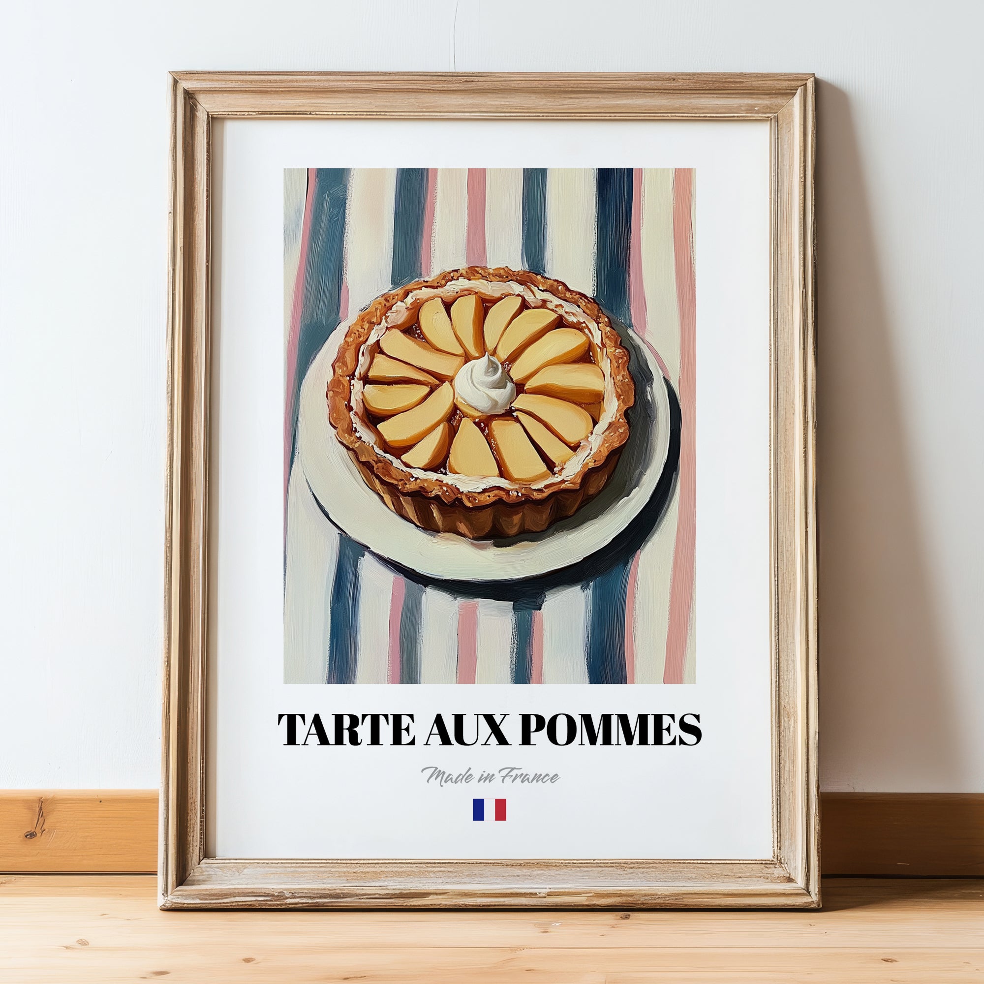 Tarte aux Pommes – on Striped Tablecloth, French French Dessert Wall Decor, in wooden frame leaning on the floor