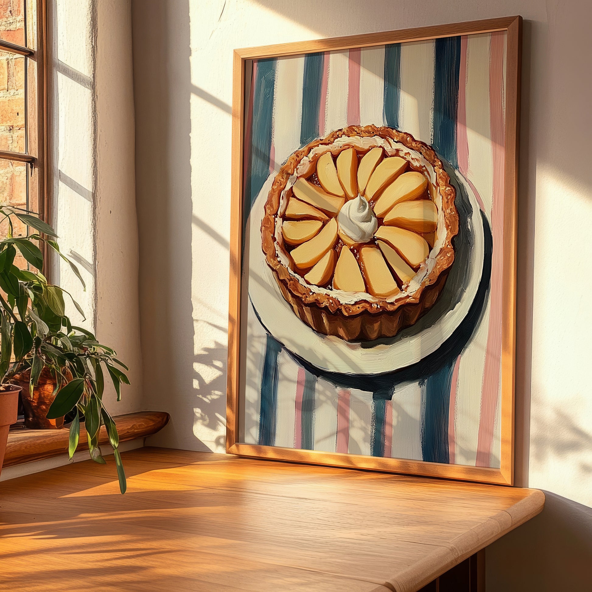 Tarte aux Pommes – on Striped Tablecloth, French French Dessert Wall Decor, clean layout with no caption