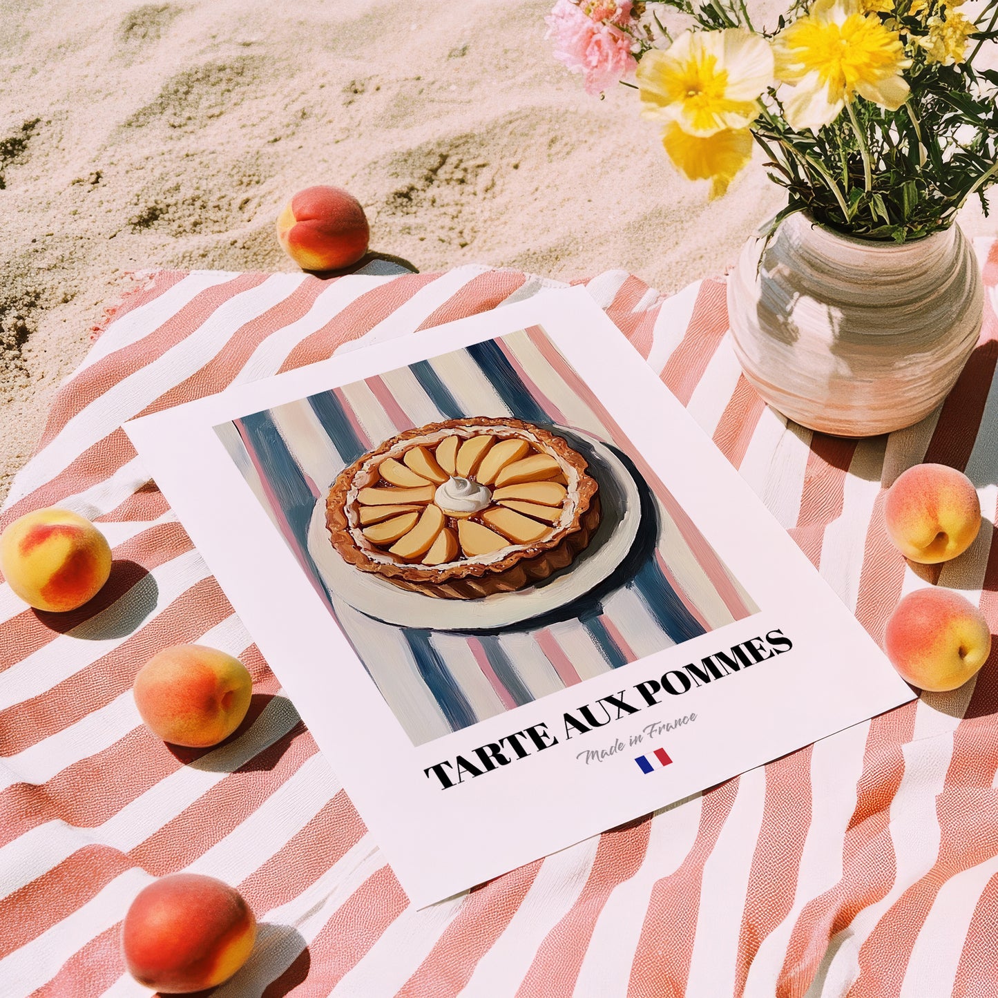Tarte aux Pommes – on Striped Tablecloth, French French Dessert Wall Decor, unframed on coastal sand