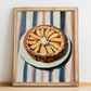 Tarte aux Pommes – on Striped Tablecloth, French French Dessert Wall Decor, no-text version framed in wood
