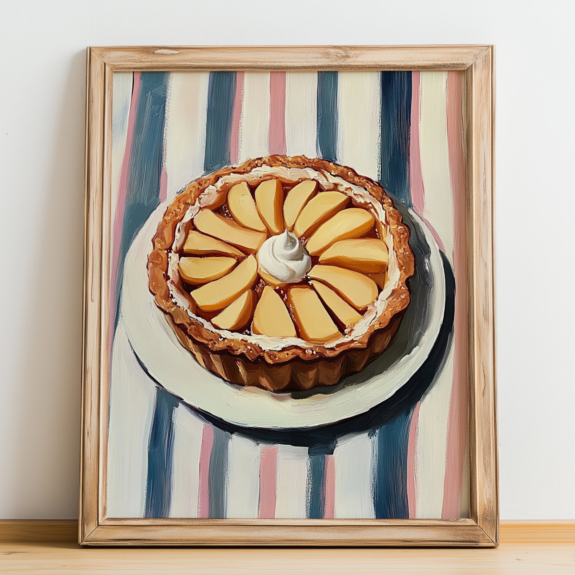 Tarte aux Pommes – on Striped Tablecloth, French French Dessert Wall Decor, no-text version framed in wood