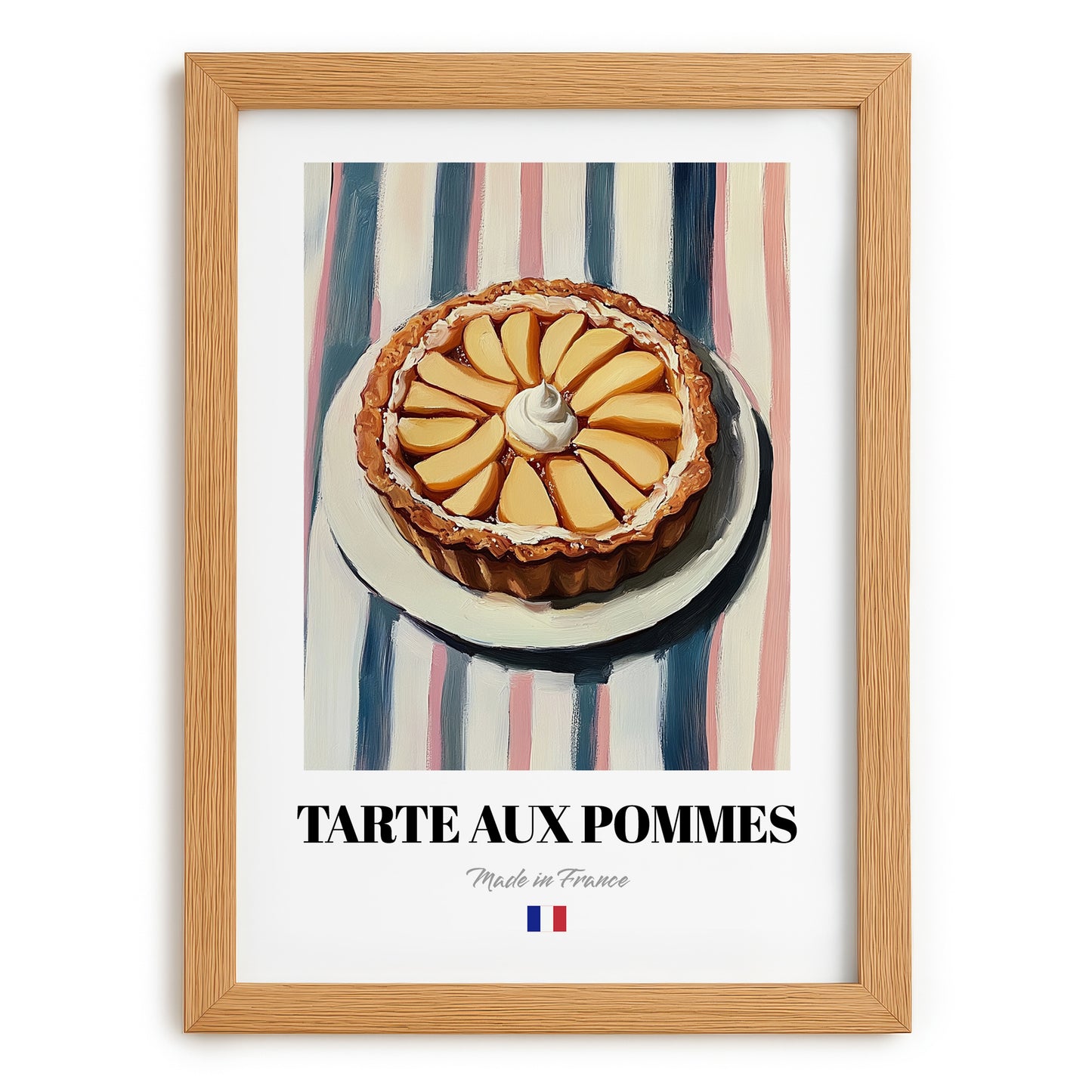 Tarte aux Pommes – on Striped Tablecloth, French French Dessert Wall Decor, set in oak frame
