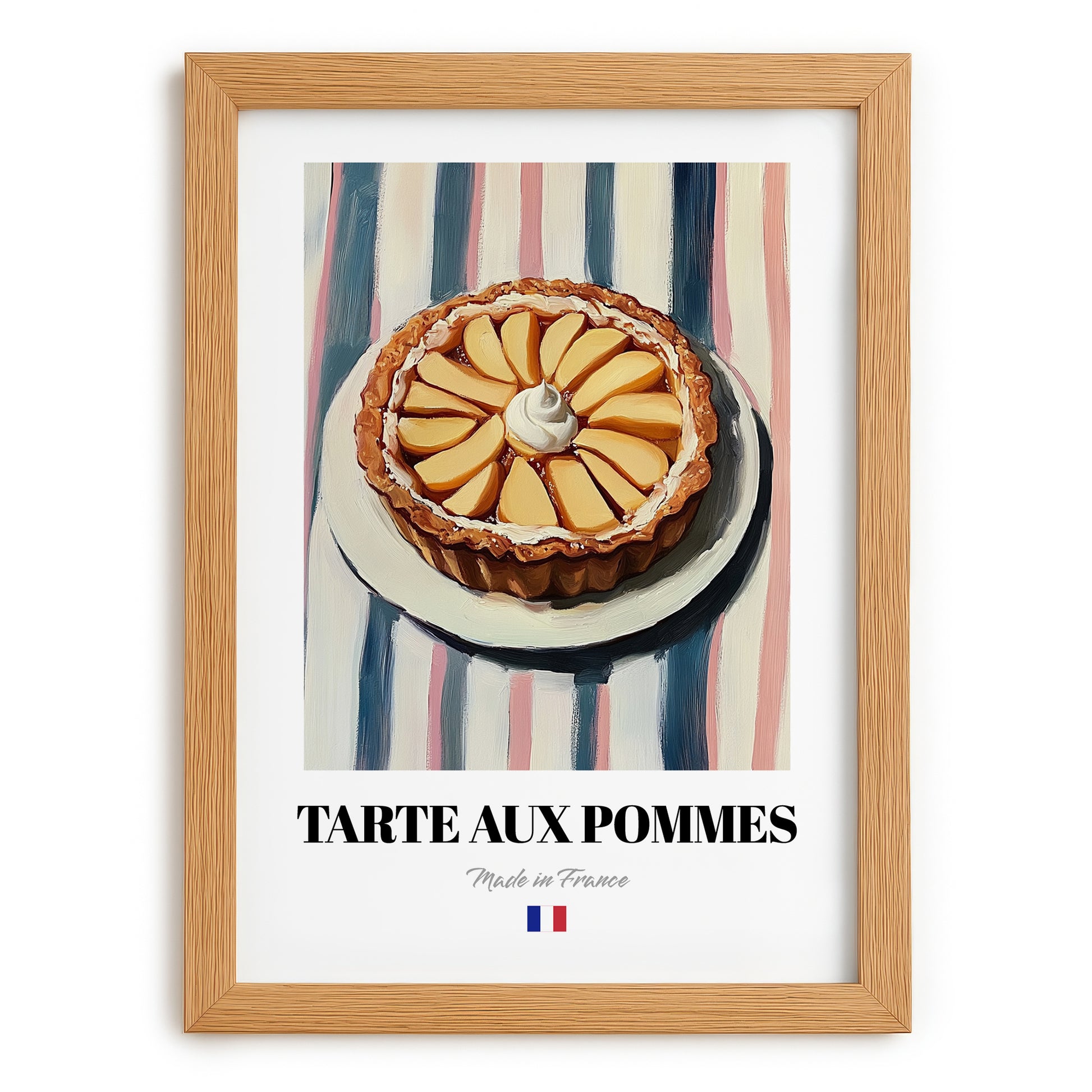 Tarte aux Pommes – on Striped Tablecloth, French French Dessert Wall Decor, set in oak frame