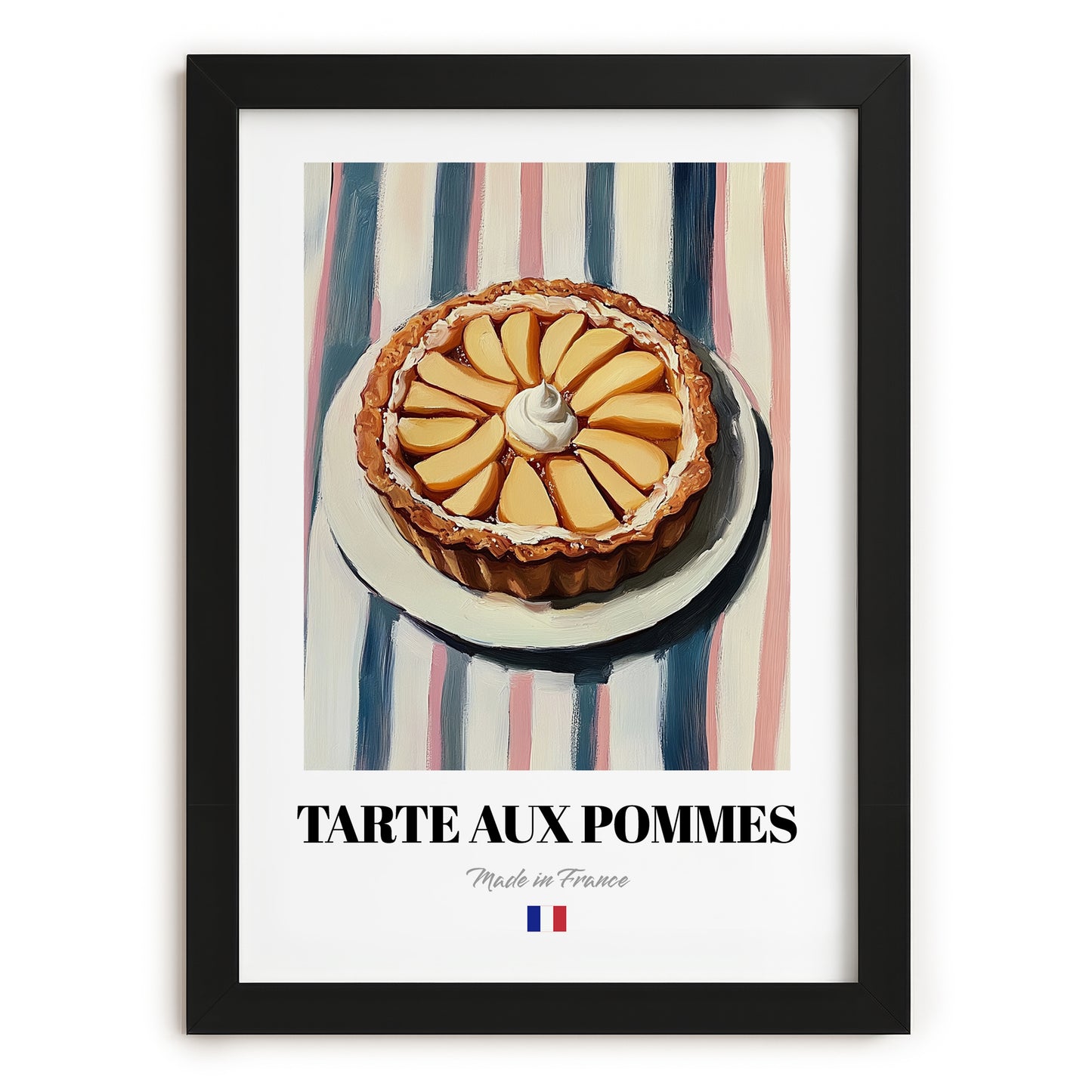 Tarte aux Pommes – on Striped Tablecloth, French French Dessert Wall Decor, in sleek black frame