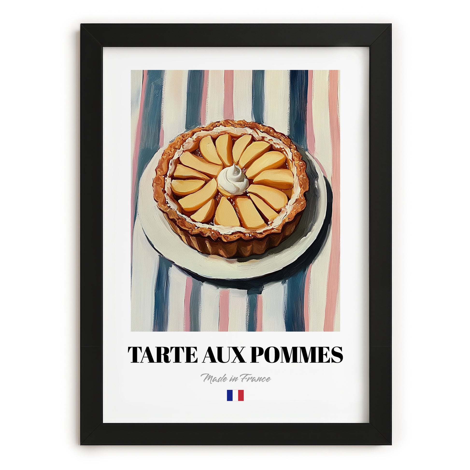 Tarte aux Pommes – on Striped Tablecloth, French French Dessert Wall Decor, in sleek black frame