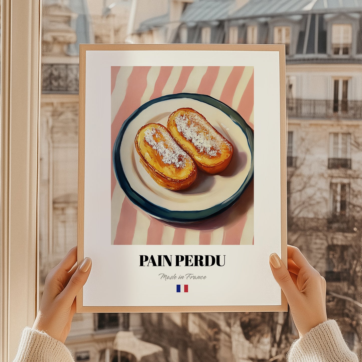 Pain Perdu – on Striped Tablecloth, French French Dessert Still Life, styled in a charming Paris street view