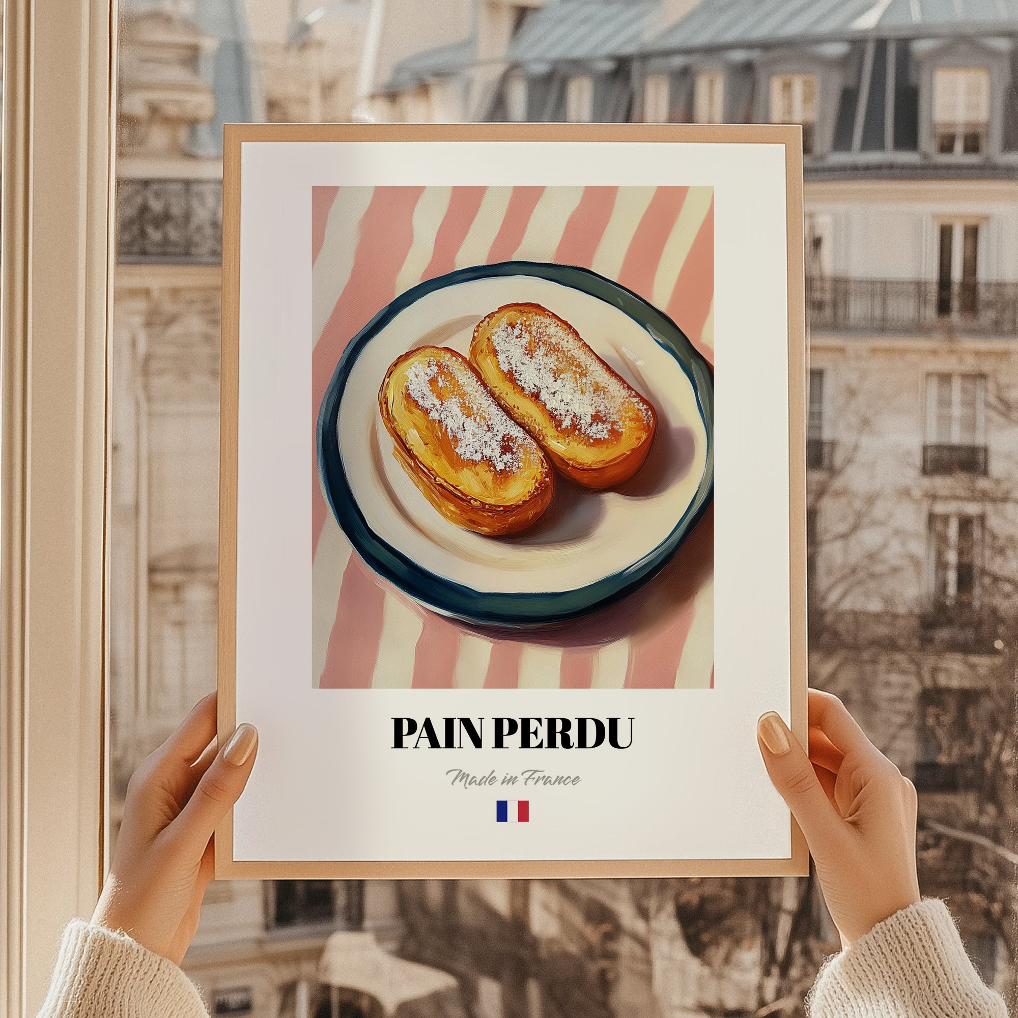 Pain Perdu – on Striped Tablecloth, French French Dessert Still Life, styled in a charming Paris street view