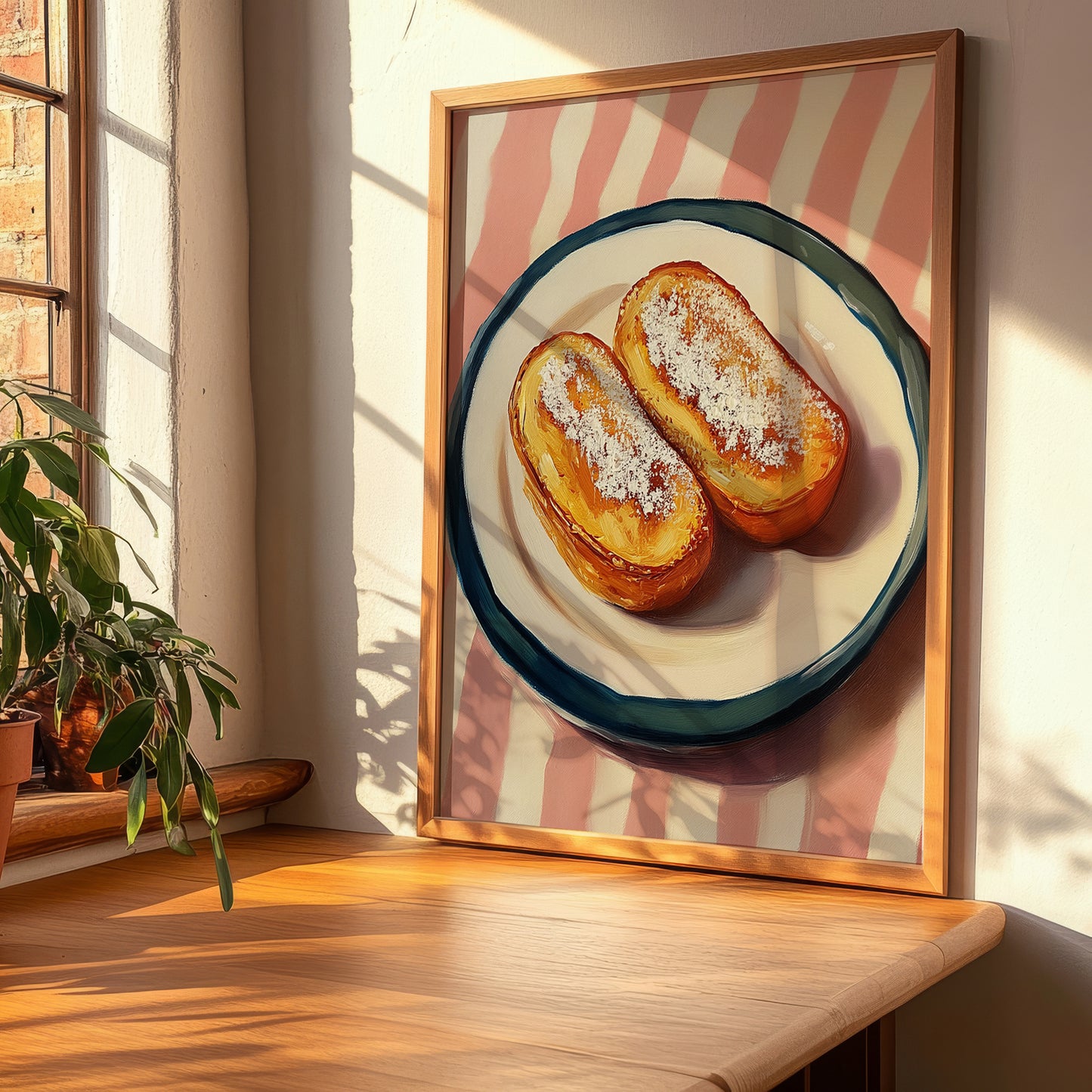 Pain Perdu – on Striped Tablecloth, French French Dessert Still Life, clean layout with no caption