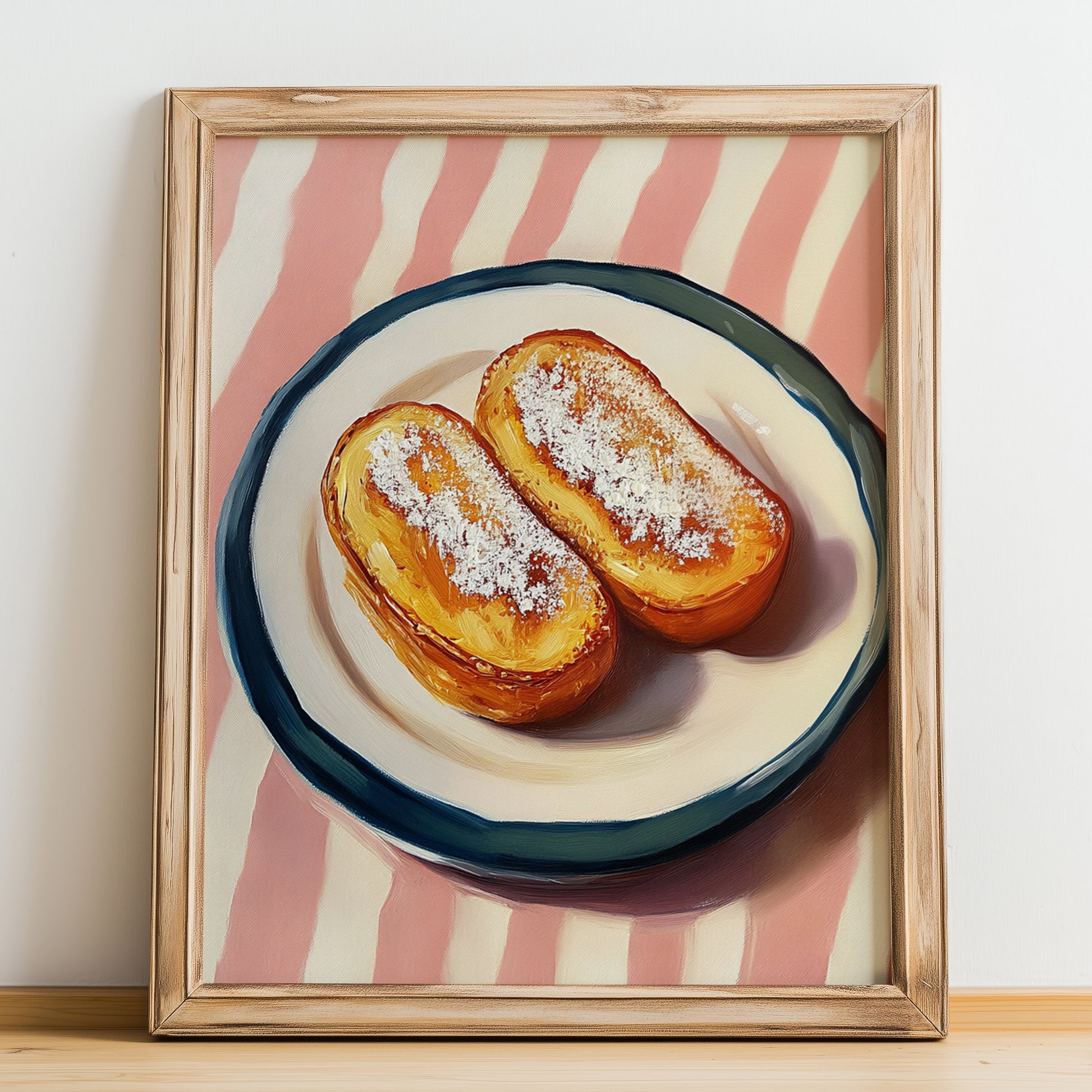 Pain Perdu – on Striped Tablecloth, French French Dessert Still Life, no-text version framed in wood