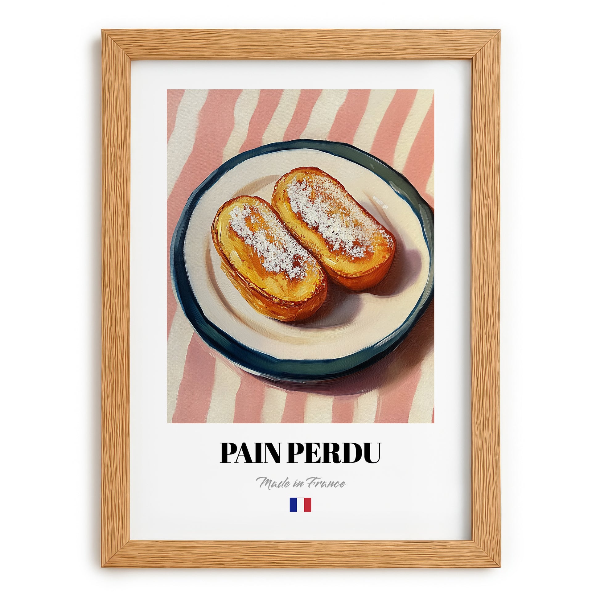 Pain Perdu – on Striped Tablecloth, French French Dessert Still Life, set in oak frame